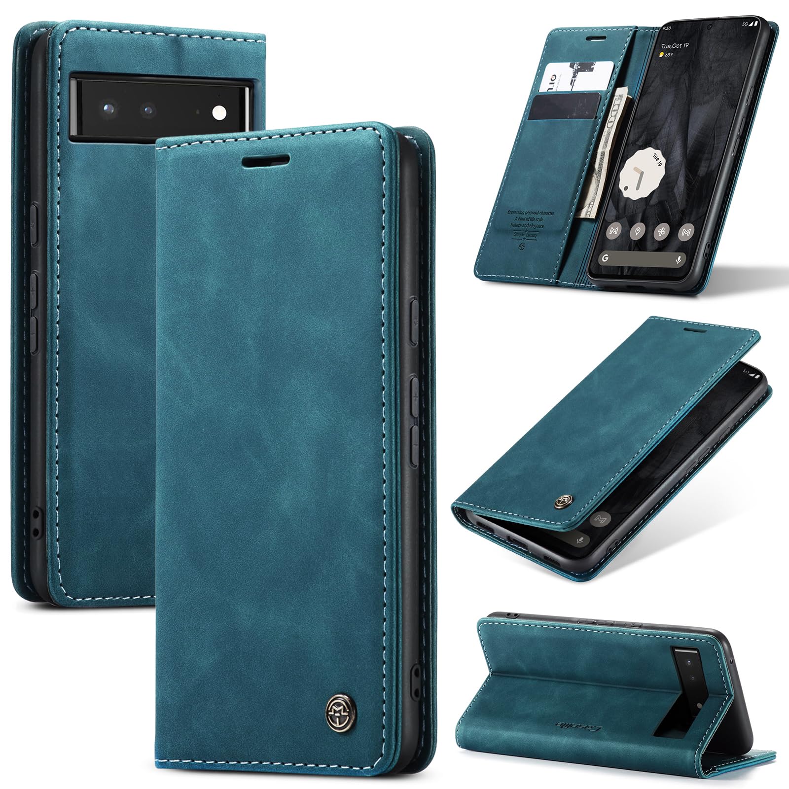 Lanranwa Handyhülle für Google Pixel 6 5G Hülle Premium Lederhülle Klappbar Flip Case Handytasche Schutzhülle Klapphülle Standfunktion für Google Pixel 6-Blaugrün