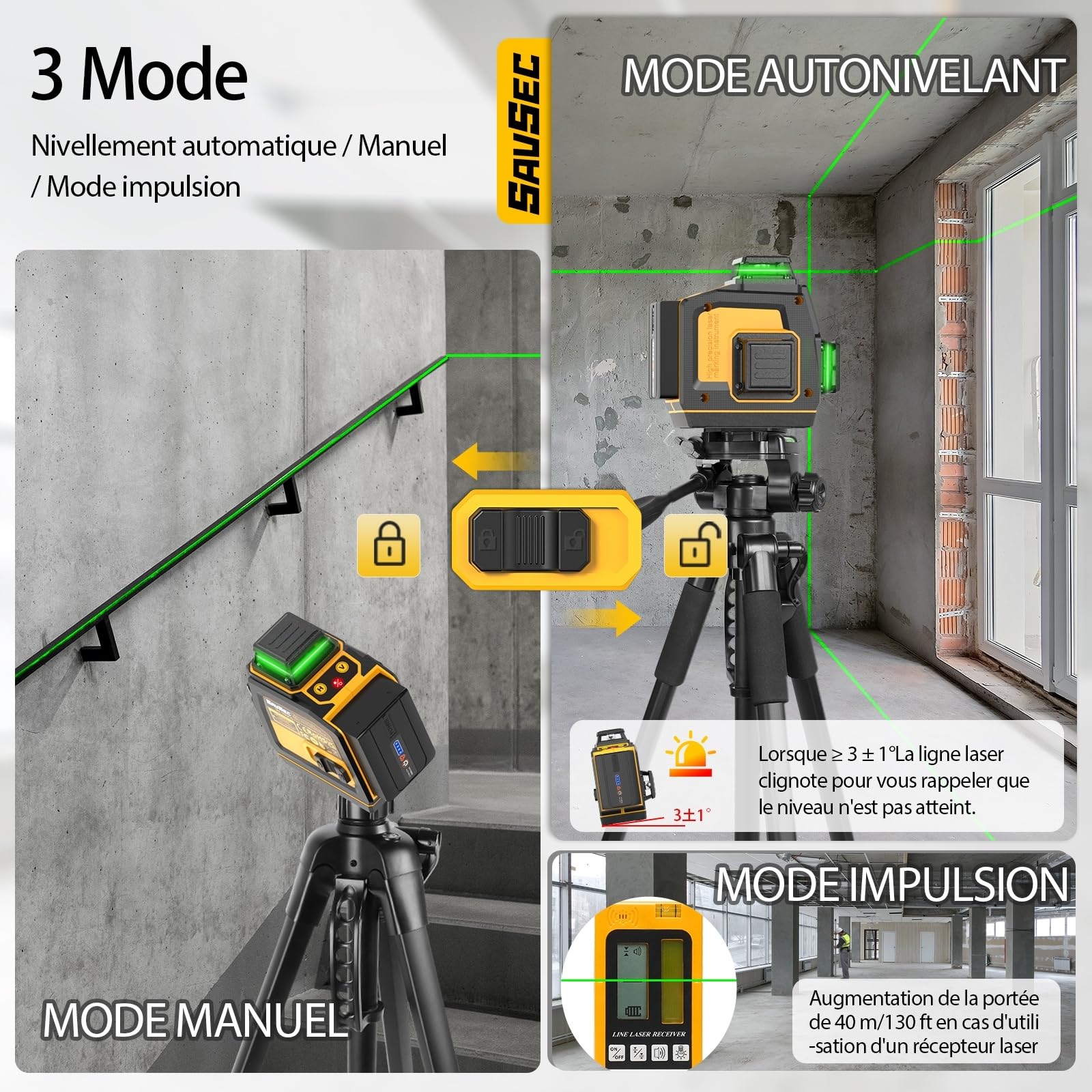 Niveau Laser Chantier Autonivelant 3x360°(jusqu'à 37 h), Niveau Laser Professionnel 3D 12 Fils, Lazer Niveaux 360 Autonivelant, Luminosité Réglable, Télécommande, Batterie Rechargeable