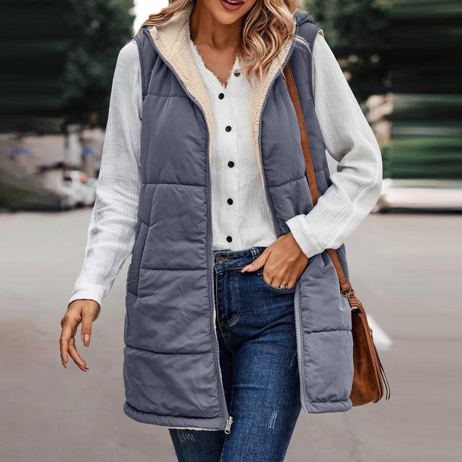 Generisch Steppweste Damen Lang Leichte Ärmellose Puffer Weste mit Kapuze Winter Warme Outdoor Daunenweste Übergangsweste Oversize Reißverschluss Winterjacke Lange Gilet Für Mädchen Elegant