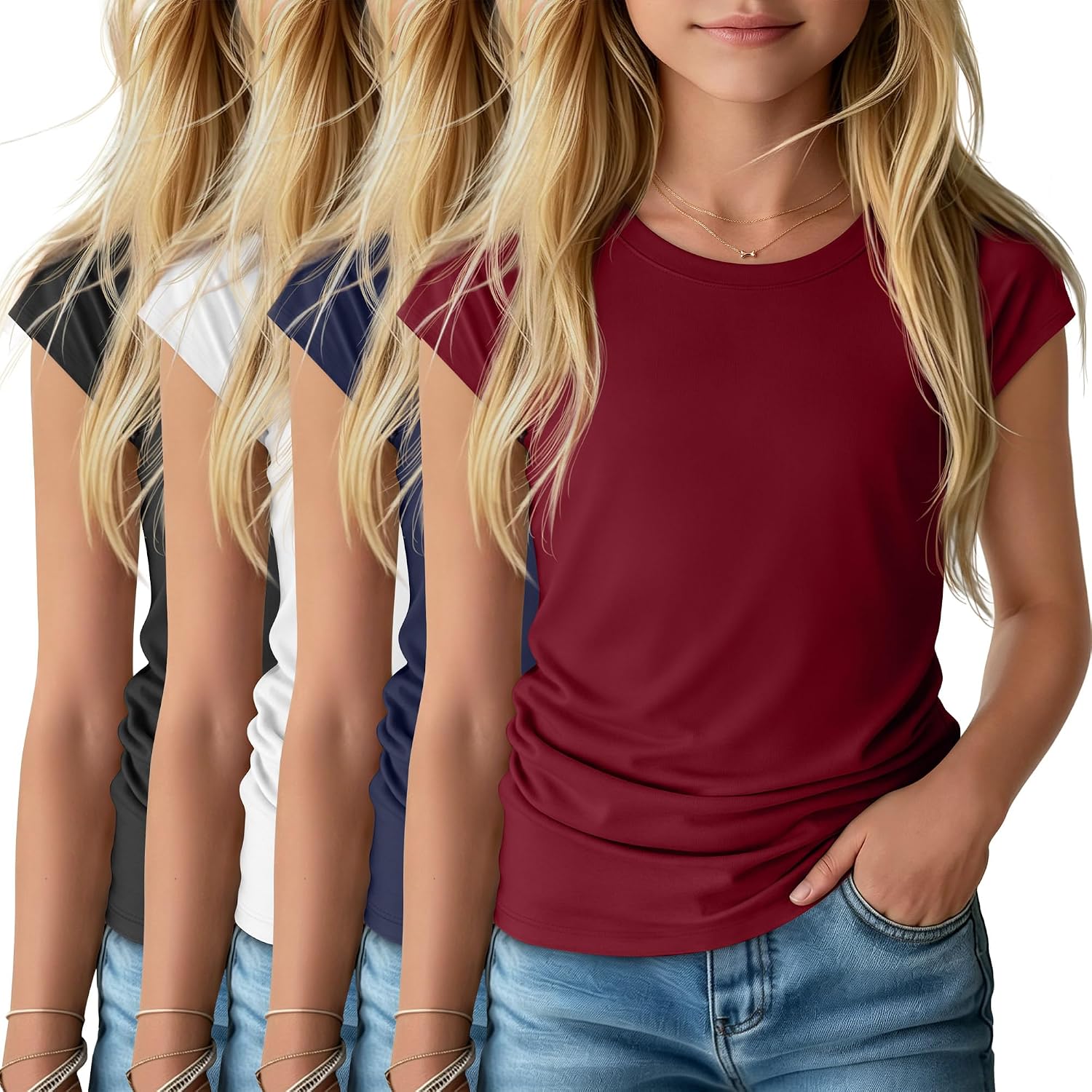 Halfchet 4 Pack Girls Cap Sleeve Tops Kids Ruched Summer Shirts Crew Neck Cute T-Shirts Teen Casual Short Sleeve Clothes