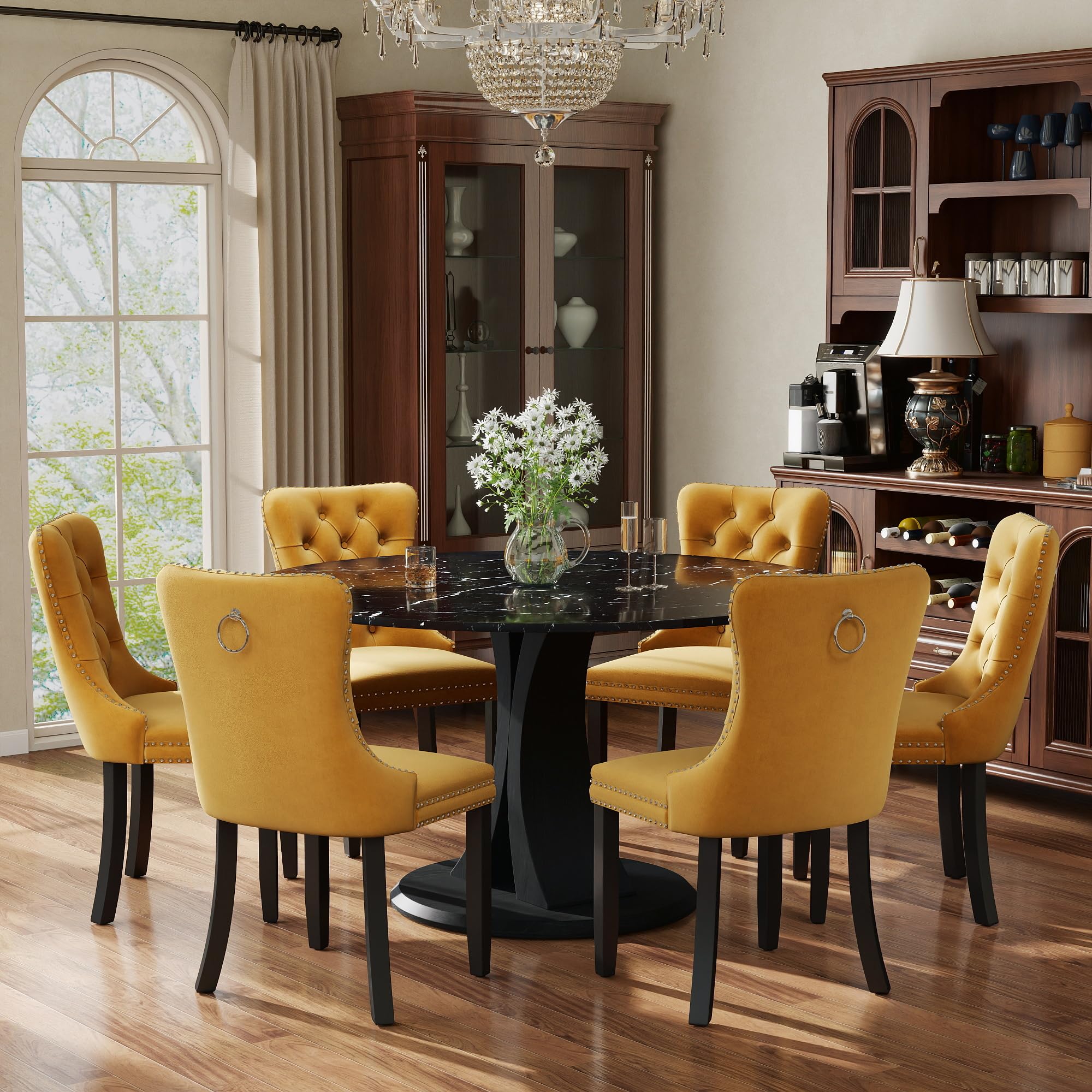 7-Piece Dining Table Set for 6 with 47 In Black Faux Marble Round Table