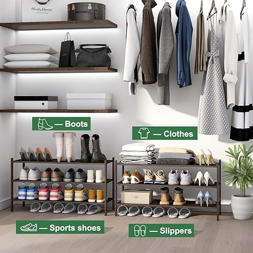 Vista 66 de Zapatero de bambú para entrada, apilable de 2 niveles, plegable, natural, organizador de zapatos para armario de pasillo, zapateros independientes