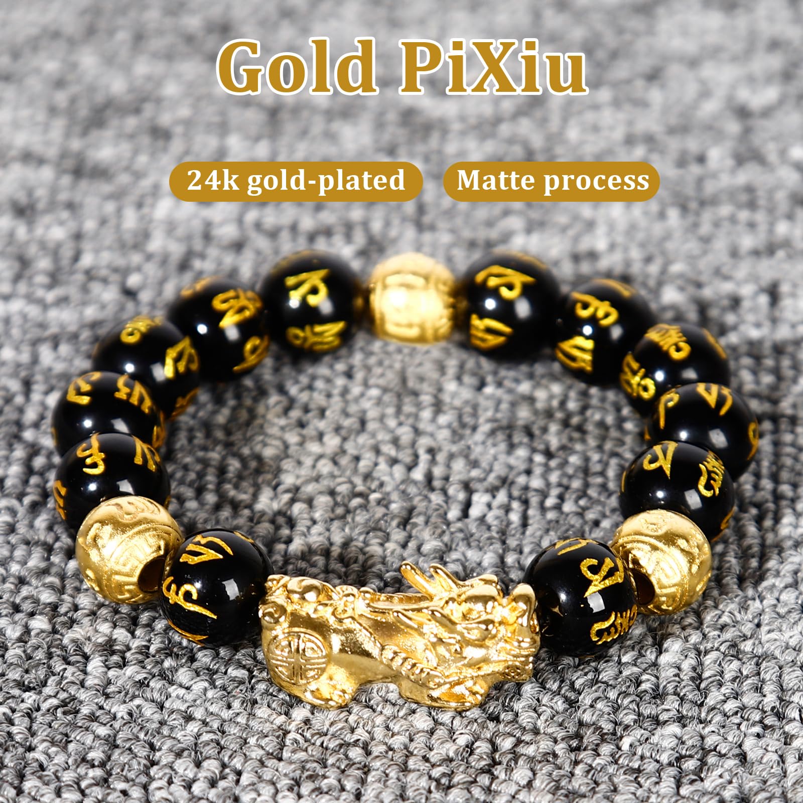 Buiufish - Pulsera de obsidiana Feng Shui, chapada en oro de 24 quilates, pulsera Pixiu de protección de dragón para hombres y mujeres, pulseras de cuentas de oración mantra de 0.47 pulgadas que 3