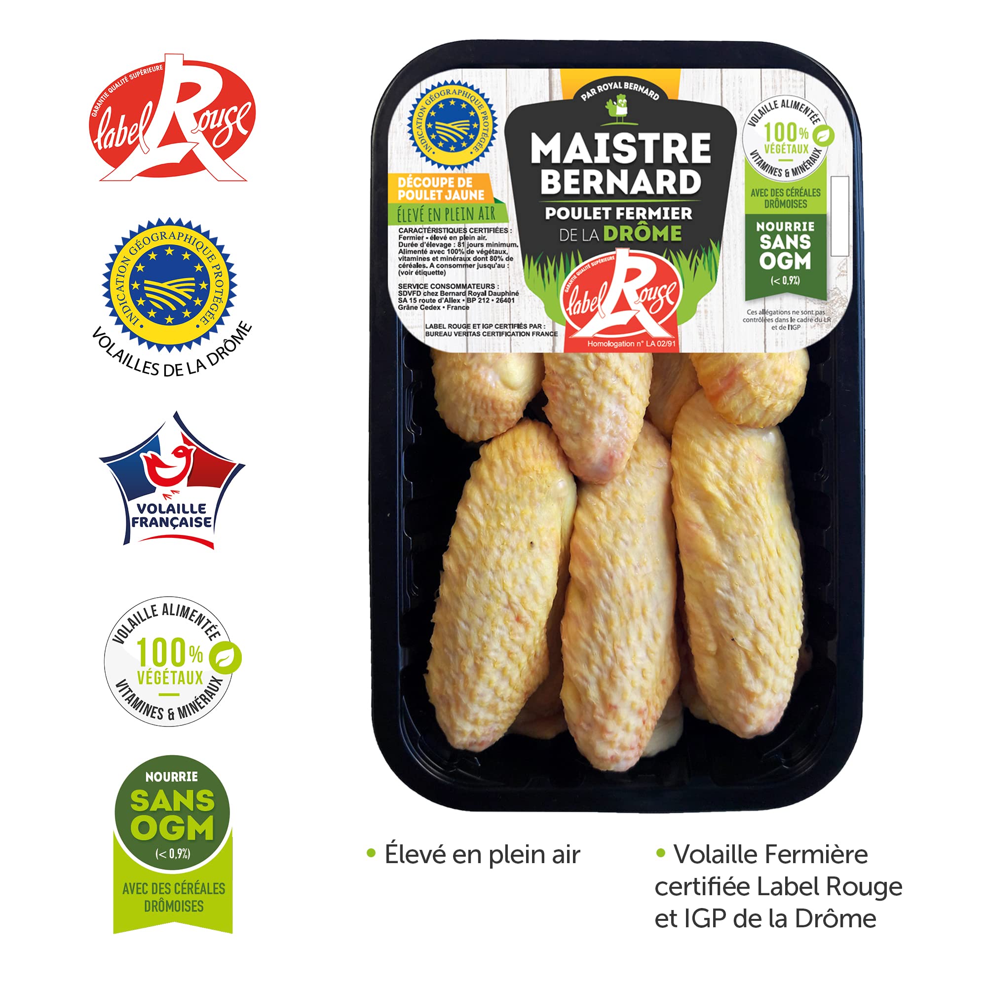Royal Bernard - Assortiment Label Rouge - Colis de Viande de Poulet Fermier - 4 Produits Régionaux IGP de la Drôme - 1 Poulet Entier + 4 Cuisses + 2 Filets + 6 Ailes de poulet