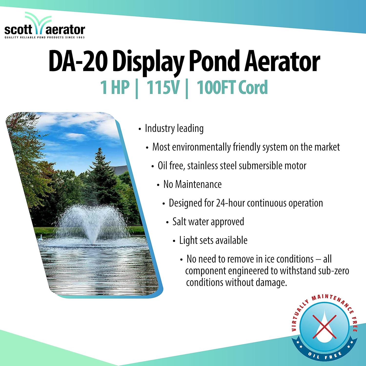 Scott Aerator DA-20 Display Pond Aerator - 1 Horse Power 115V 100ft Cord | Aerating Pond Fountain for up to 1 Acre Ponds | Pond Aerator Pump for Small Ponds | Pond Aeration Systems | Made in USA