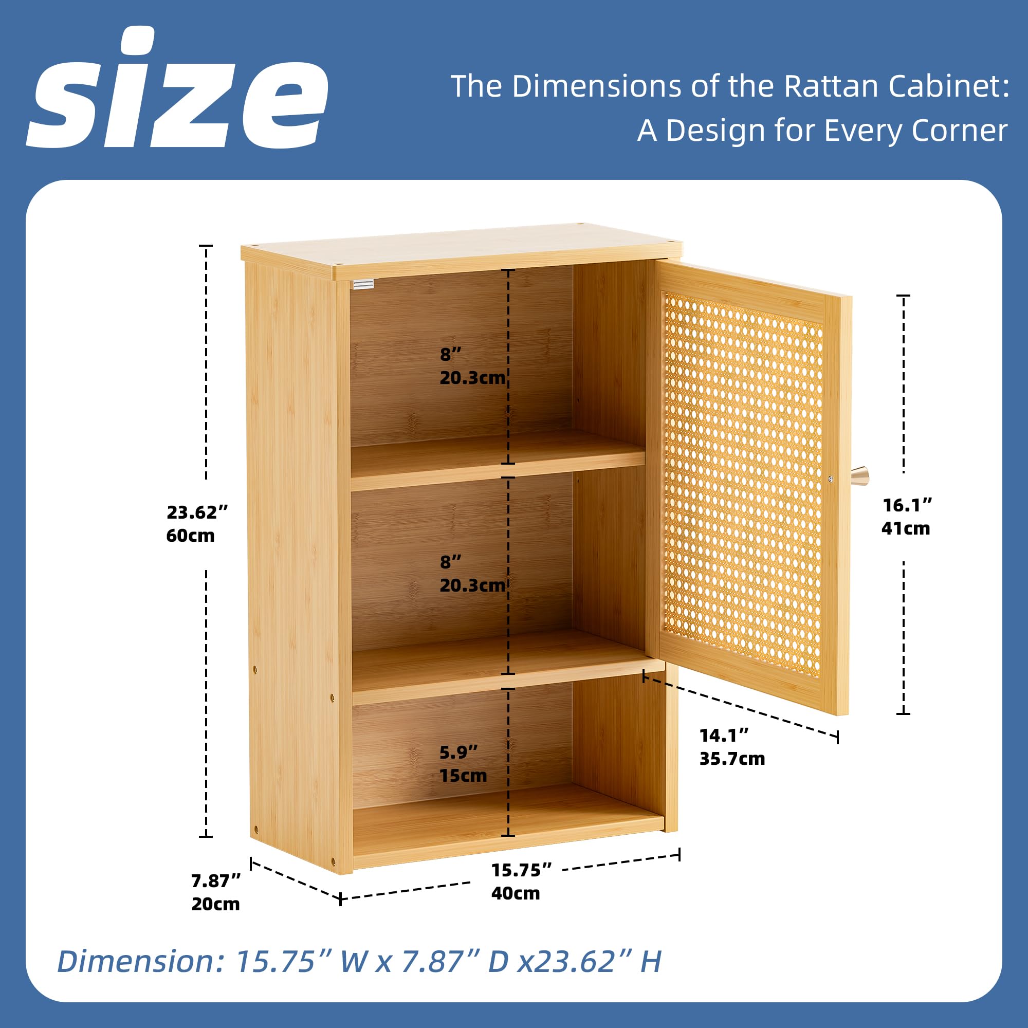 HITNET Armario Baño Pared en Ratán, Mueble Colgante de Bambú, Gabinete de Almacenamiento Suspendido con Compartimento Abierto y Estante Ajustable, para Salón, Pasillo y Cocina, Color Natural