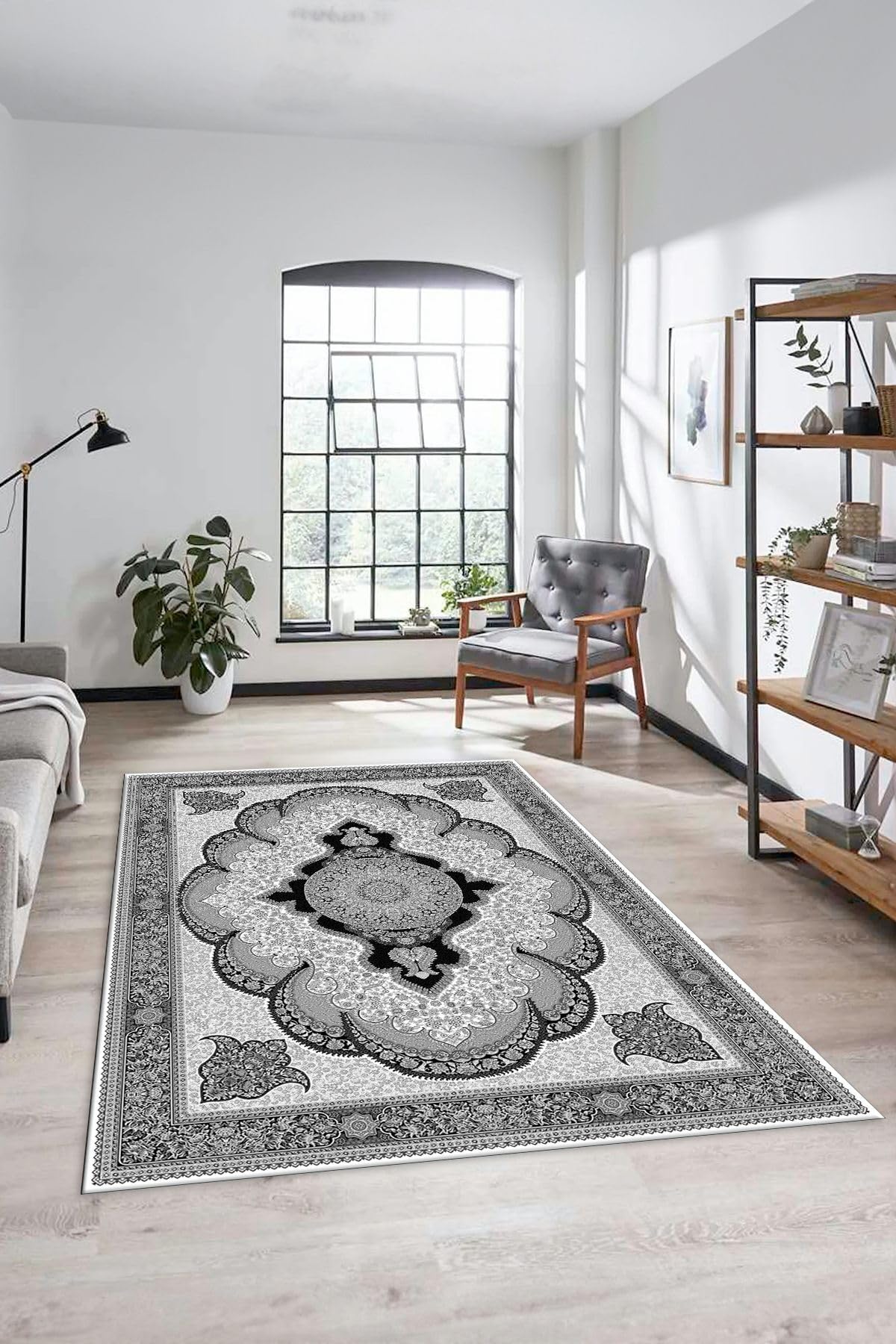 Evdeya Dijital Kaymaz Yıkanabilir Çerçeveli Göbekli Klasik Desen Salon Halısı KLASİK-02, Gri, 180 x 300