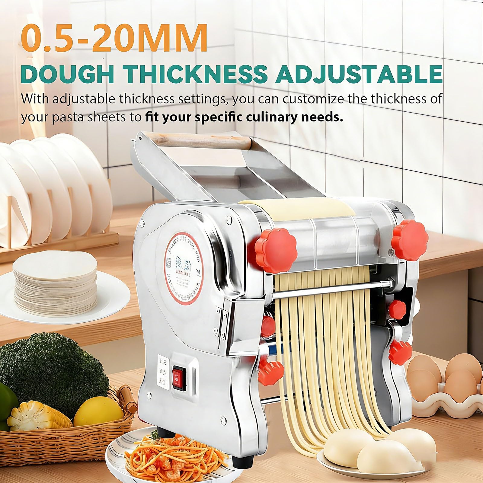 Macchina Per La Pasta Elettrica, Sfogliatrice Professionale,Regolazione Dello Spessore A Marce 0,5-20mm Con Coperchio Di Protezione Per Macchine Per Pasta, Pizza E Pane(200)