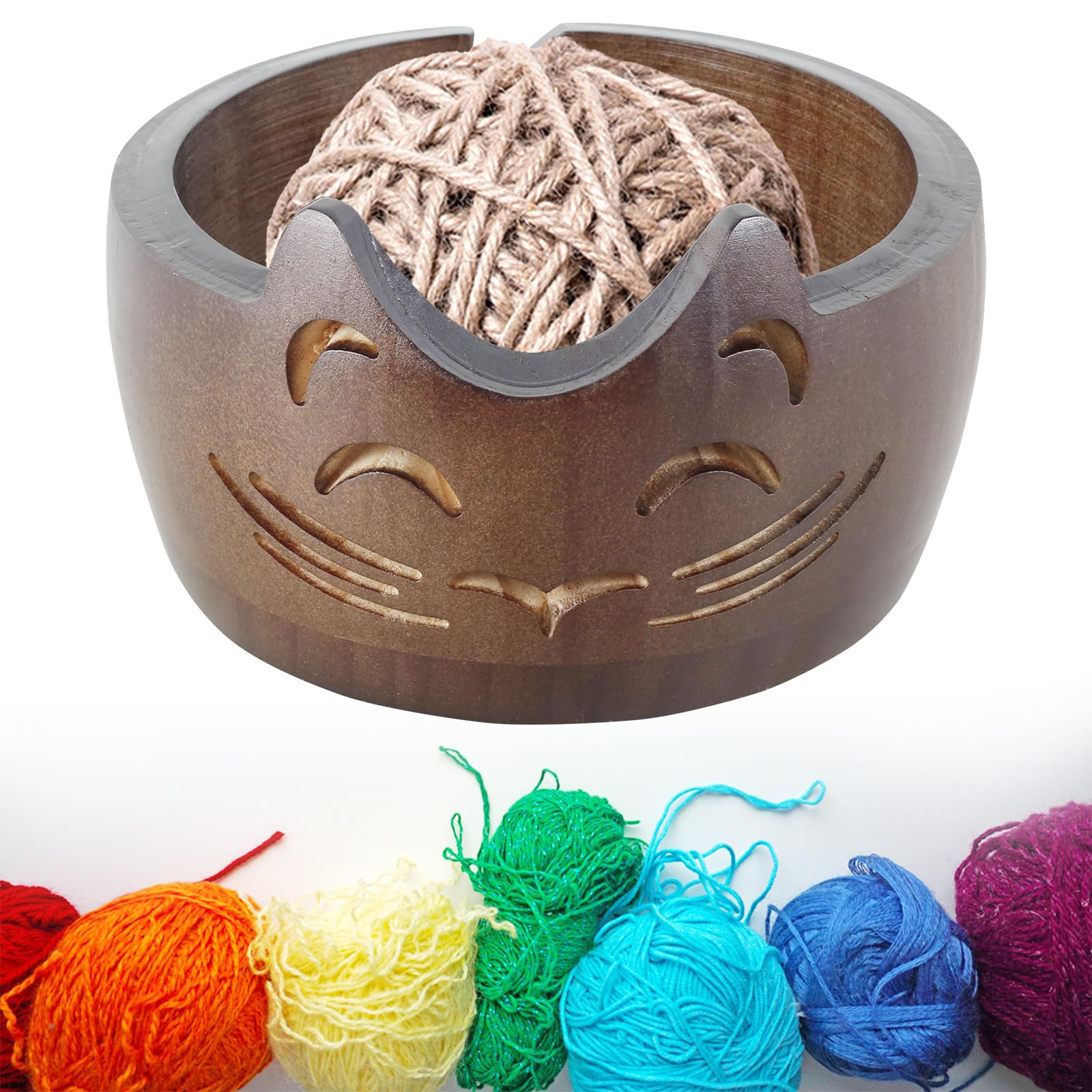 Anihet Wooden Yarn Bowl, Pine Wood Crochet Bowl Holder with Holes, Portable Weaving Thread Wool Storage Bowls, Wool Cute Cat Knitting Yarn Bowls for DIY Knitting Lovers Crafts