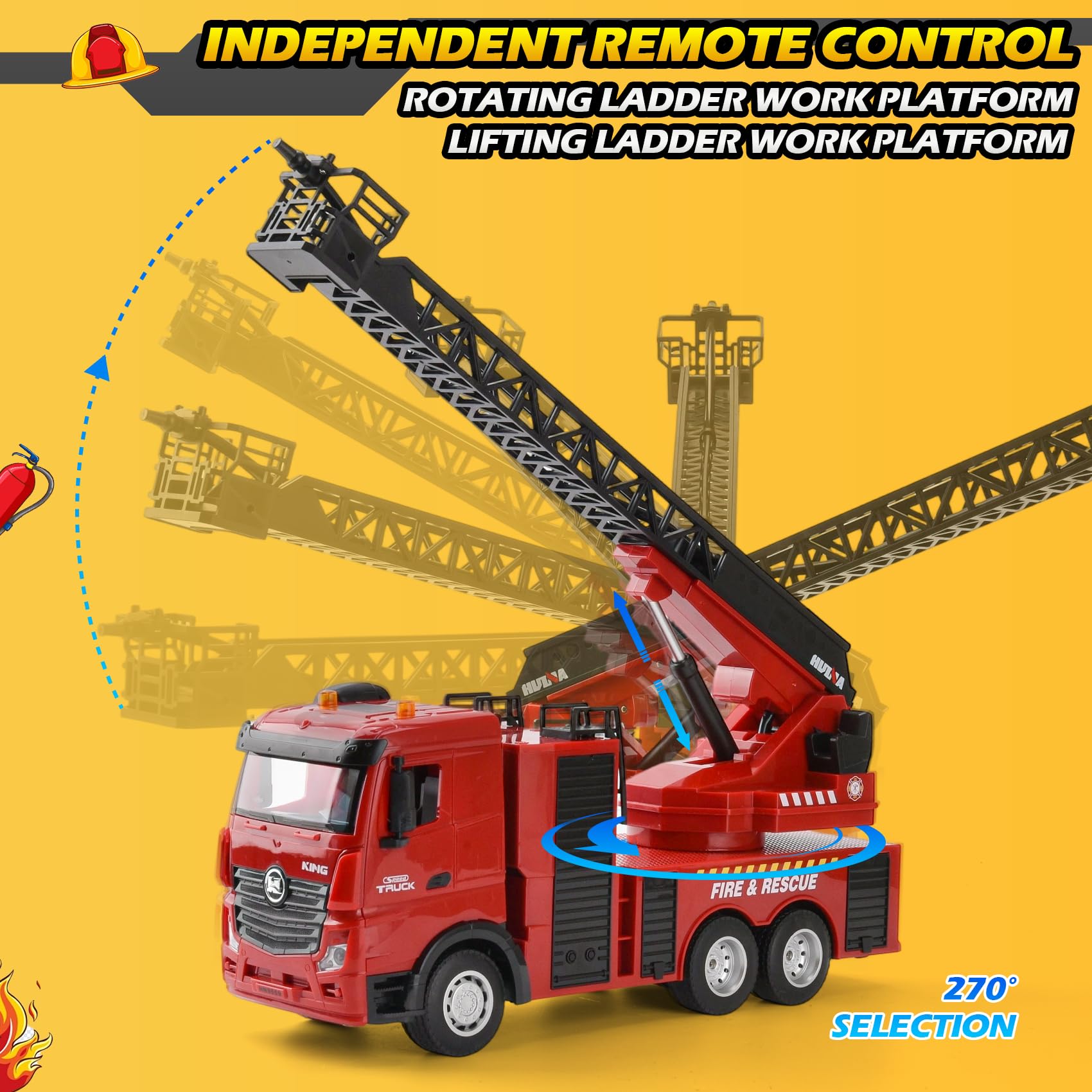 Großes Feuerwehrauto RC 1:18 | 2,4G Feuerwehr Ferngesteuert mit 270° Drehleiter & Spritzfunktion | 7,4V Wiederaufladbar, Licht & Sound | Feuerwehrauto-Spielzeug für Kinder ab 3-12 Jahren