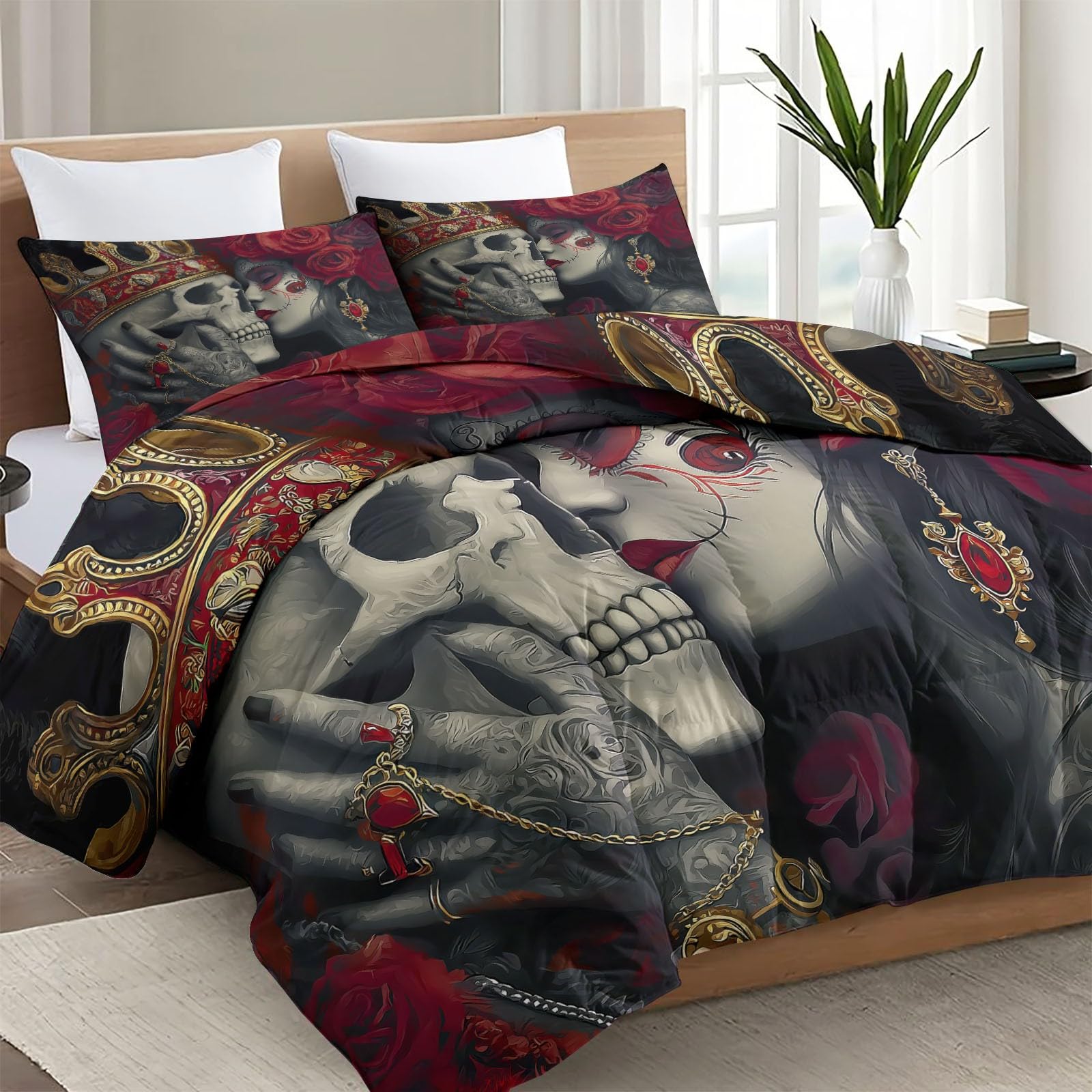 Romantyczna kołdra w stylu vintage, na 4 pory roku, 220 x 240 cm, dwustronna, czerwona, całoroczna kołdra nadaje się do prania, koc gotycki z trupią czaszką, ciepła i miękka kołdra bez poszewki