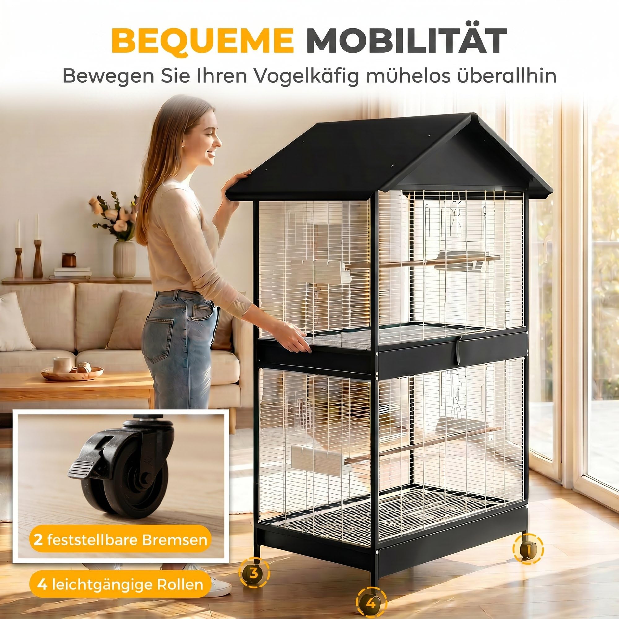 PawHut Vogelvoliere Groß Vogelkäfig mit Abnehmbar Trennwand 2 Türen 2 Holzstangen Rollen 2 Schalen 4 Futterspendern Vogelhaus XXL Vogelbauer für Wellensittiche Nymphensittiche Kanarien 94 x 70 x 158cm