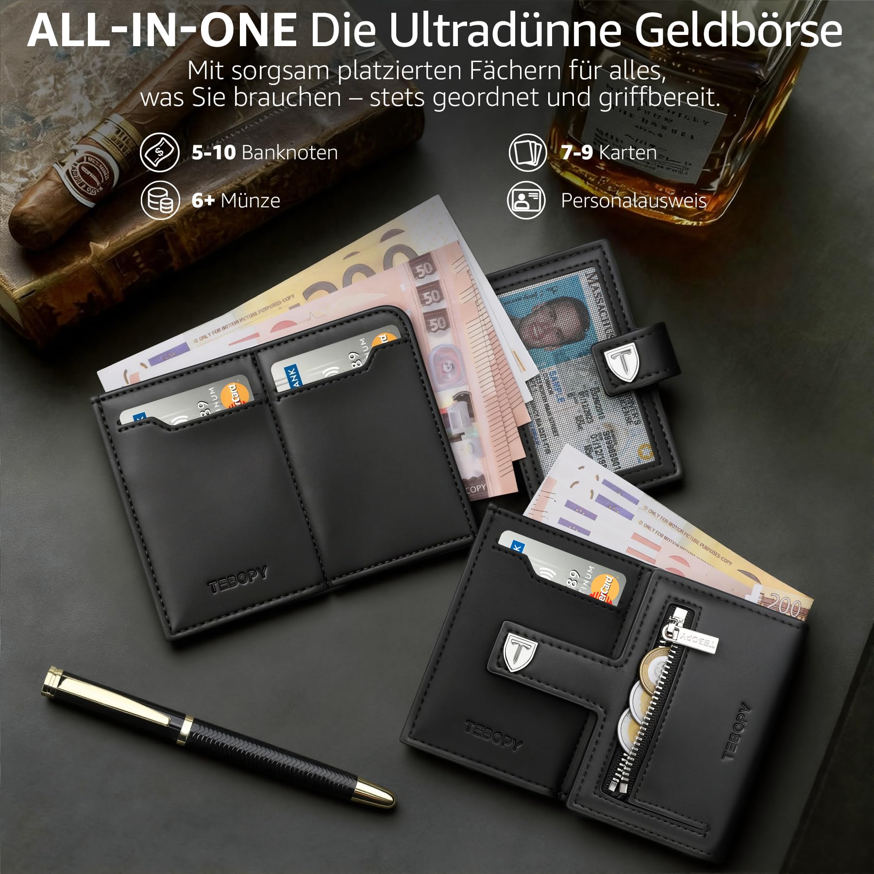 Geldbörse Herren - Portmonee Herren Set mit Kugelschreiber & Manschettenknöpfe, Slim Wallet mit RFID Schutz & Münzfach, Luxus Geldbeutel Kartenetui für 10 Kreditkarten, Premium Portemonnaie