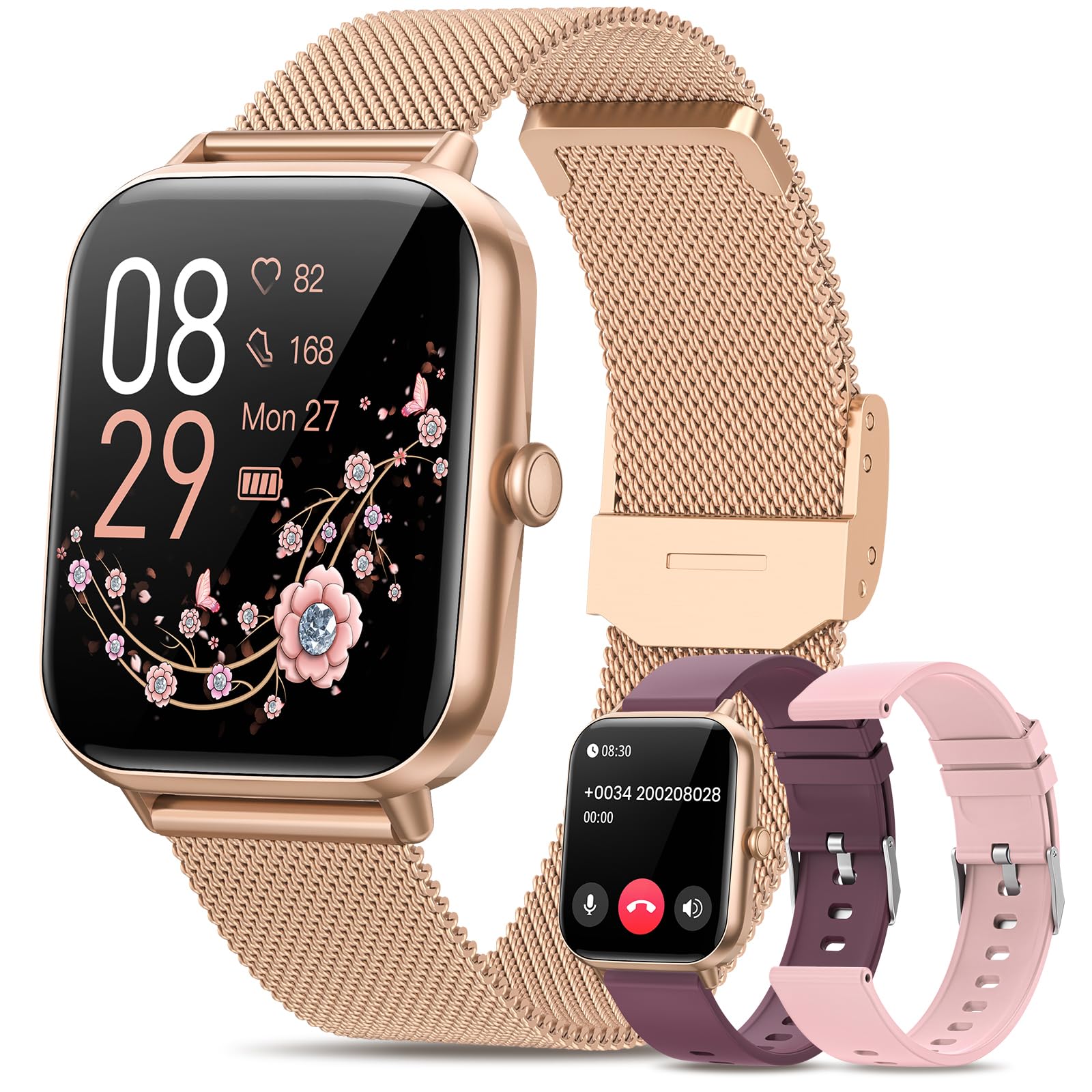 RUXINGX Smartwatch Donna con Chiamate, 1.83" Orologio Smartwatch con 3 Cinturini Fisiologia Femminile Sonno Cardiofrequenzimetro SpO2 IP68, 20+ Sport Notifiche Messaggi per iOS Android Oro Rosa Regalo