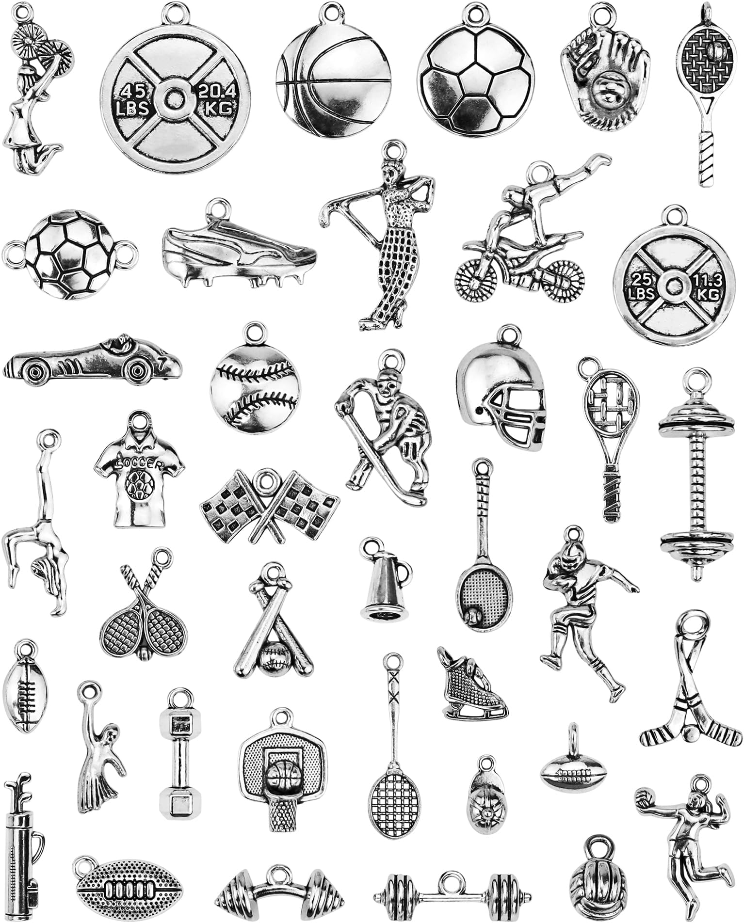40 PCS Sports Equipment Charms Mixed Cheerleader Dance School Sports Spirit Gymnastics Pendants DIY for Jewelry Making and Crafting
