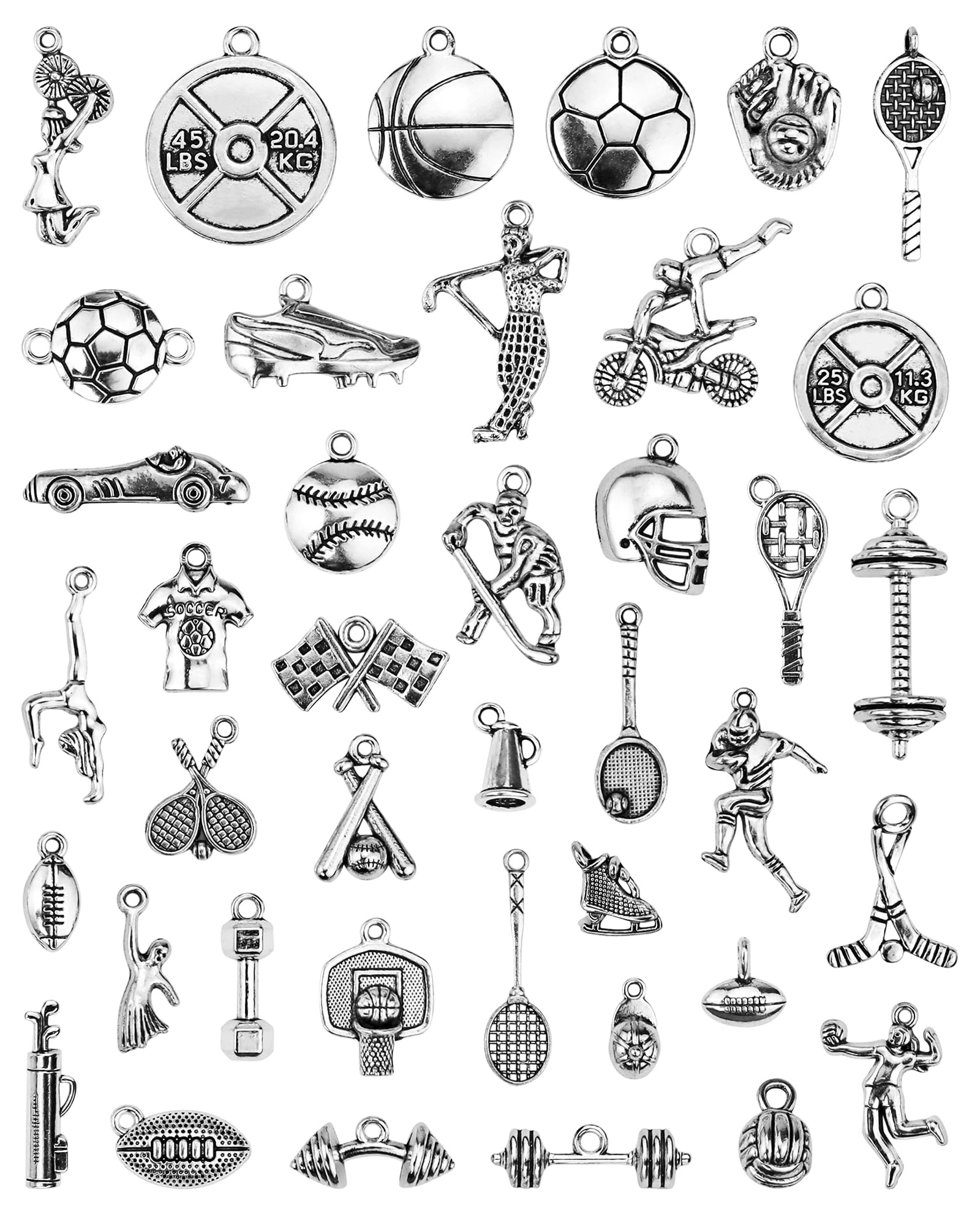 JIALEEY 40 PCS Sports Equipment Charms Mixed Cheerleader Dance School Sports Spirit Gymnastics Pendants DIY for Jewelry Making and Crafting