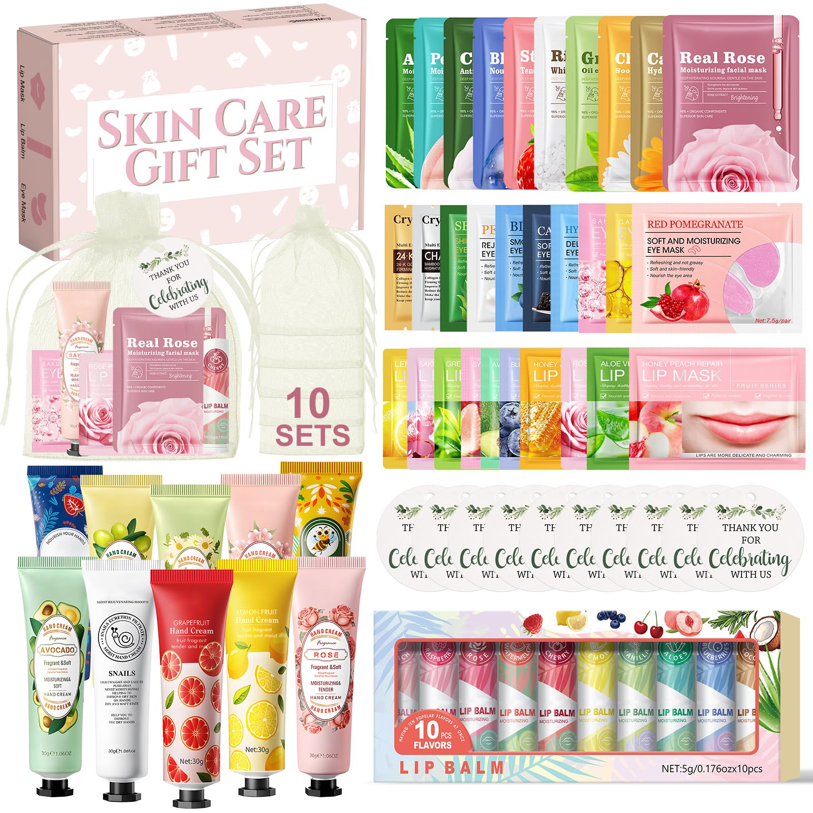 70 Pièces Coffret Femme Cadeau, Lot Masque Visage, Coffret Soin Visage Femme con Creme Mains, Masque Visage, Eye Patch, Masque Levre, Stick Levres, pour les Fêtes SPA, Cadeaux de Mariage
