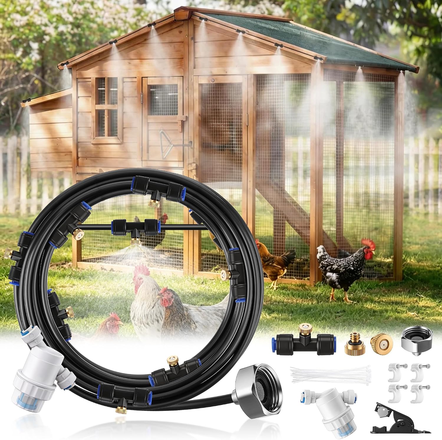Dreyoo Misters for Outside Patio, 20FT Chicken Coop Misting Cooling System with 10 Brass Nozzles & Fliter & 3/4" Adapter, Outdoor Misting System for Garden, Greenhouse, Trampoline & Canopy
