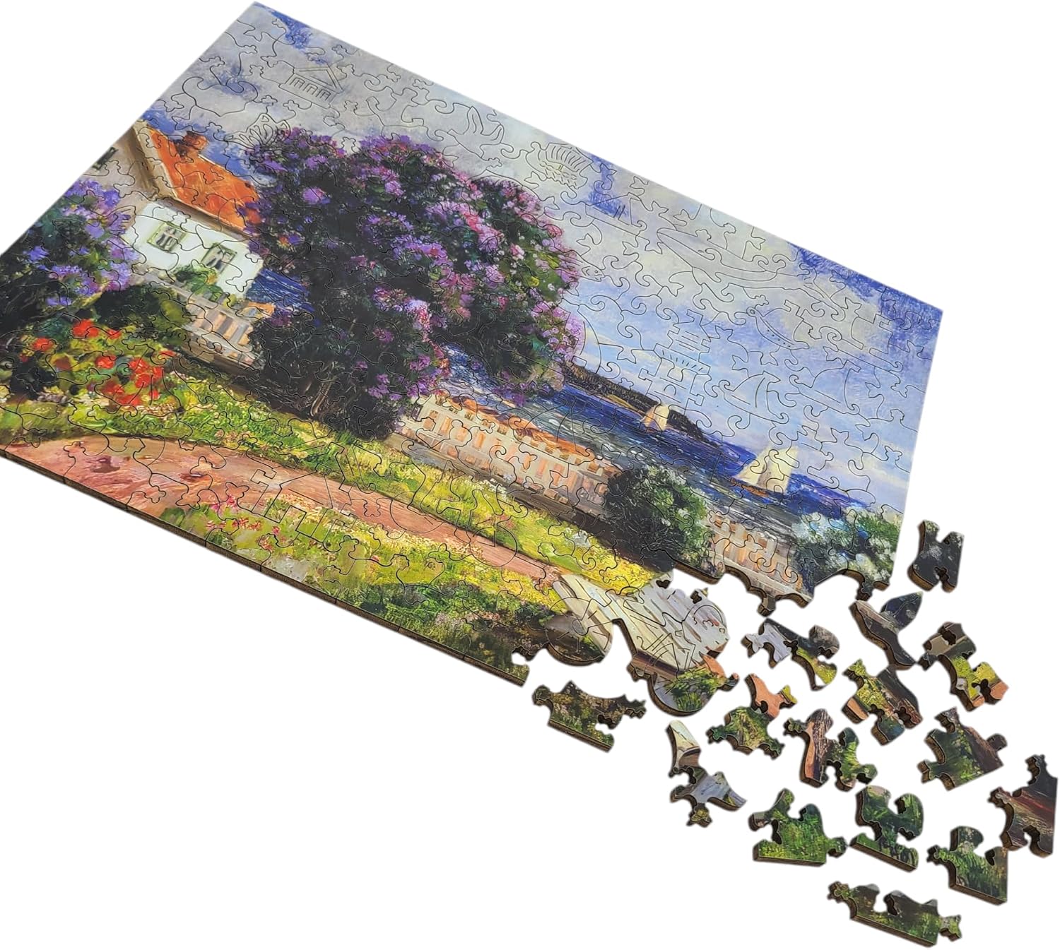Large Format Wooden Puzzle for Adults and Seniors - Large Pieces Puzzle - Uniquely Shaped Pieces - Made in The USA by FoxSmartBox - 215 Pieces - Coast Landscape with Blossoming Lilac Bush