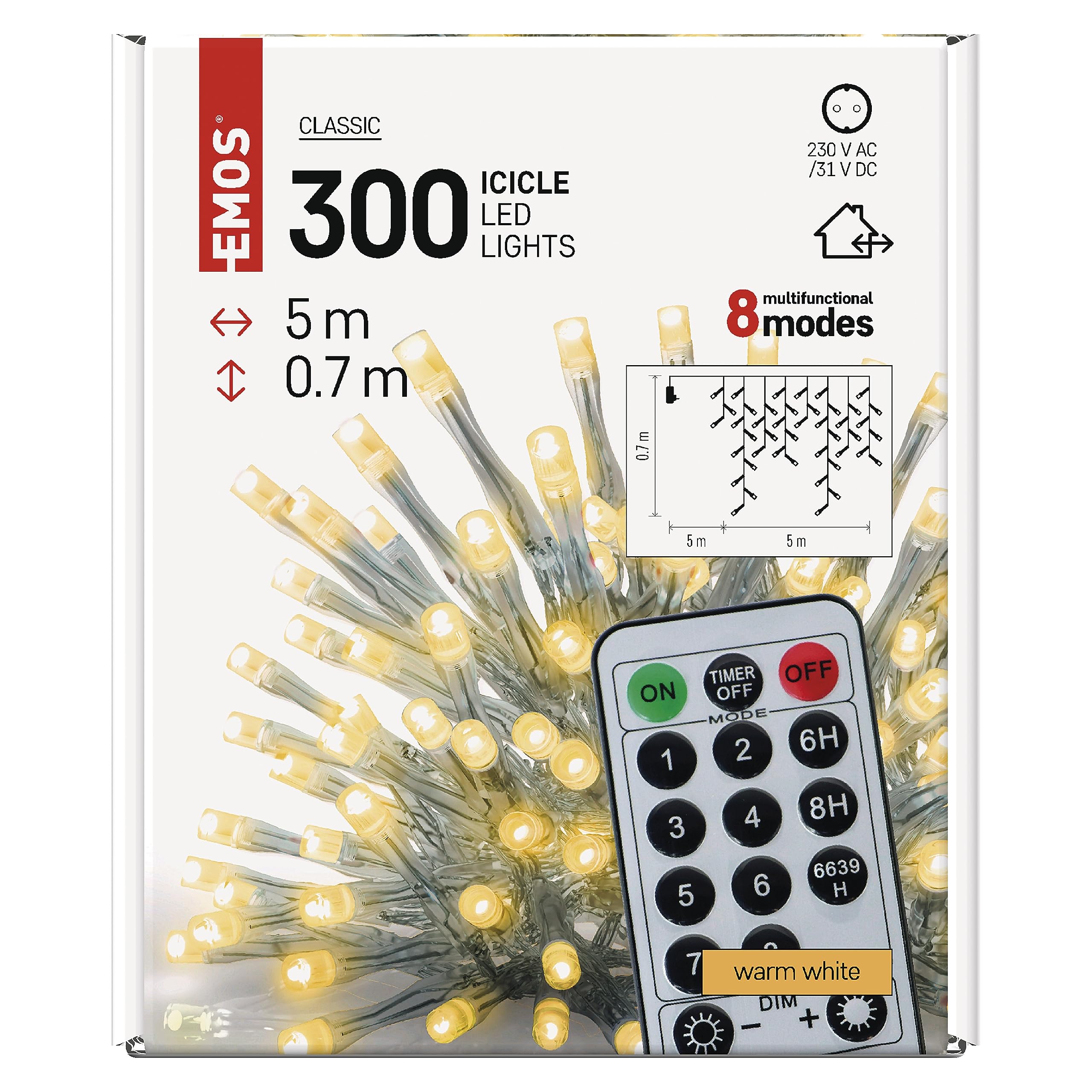 EMOS LED-Eisregen Lichterkette, 5m Weihnachtslichterkette + 5m Zuleitung, 8 Lichtmodi, Fernbedienung und Netzteil mit Timer, 300 LEDs, IP44 für Innen und Außen, Warmweiß