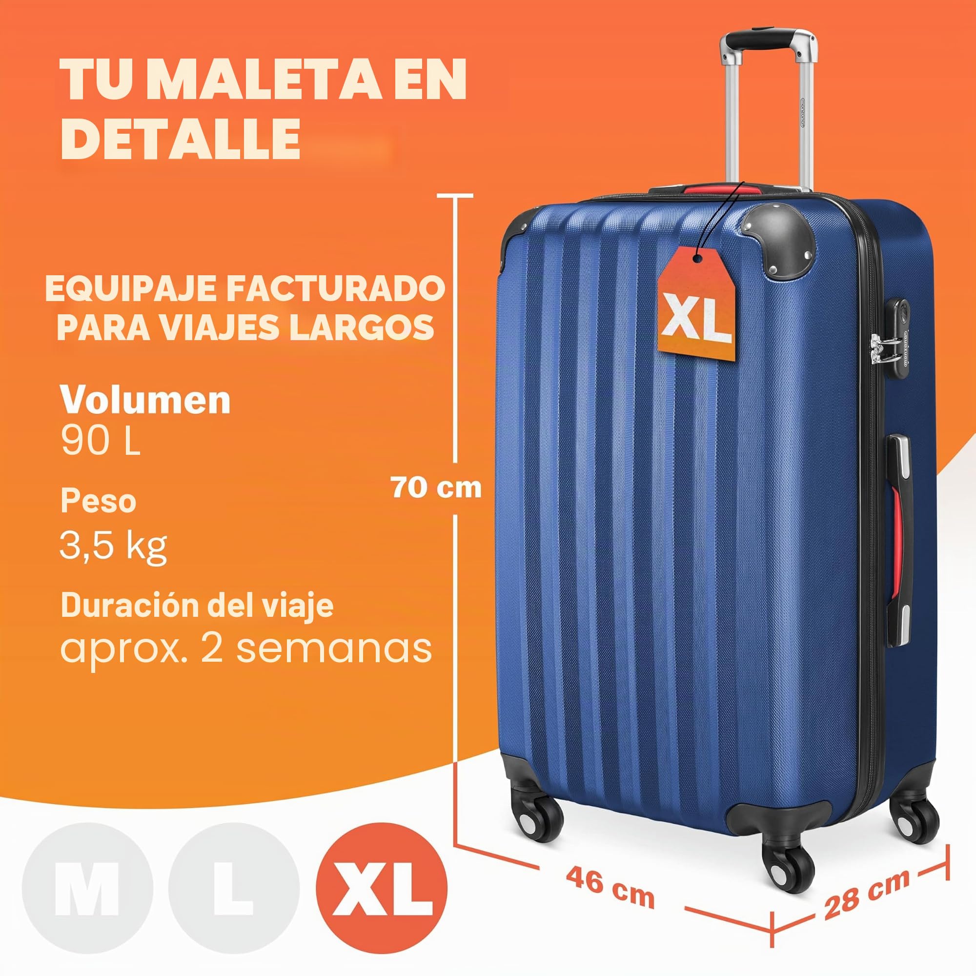 Monzana® Maleta de Viaje XL Rígida Asa Telescópica Trolley 4 Ruedas Azul