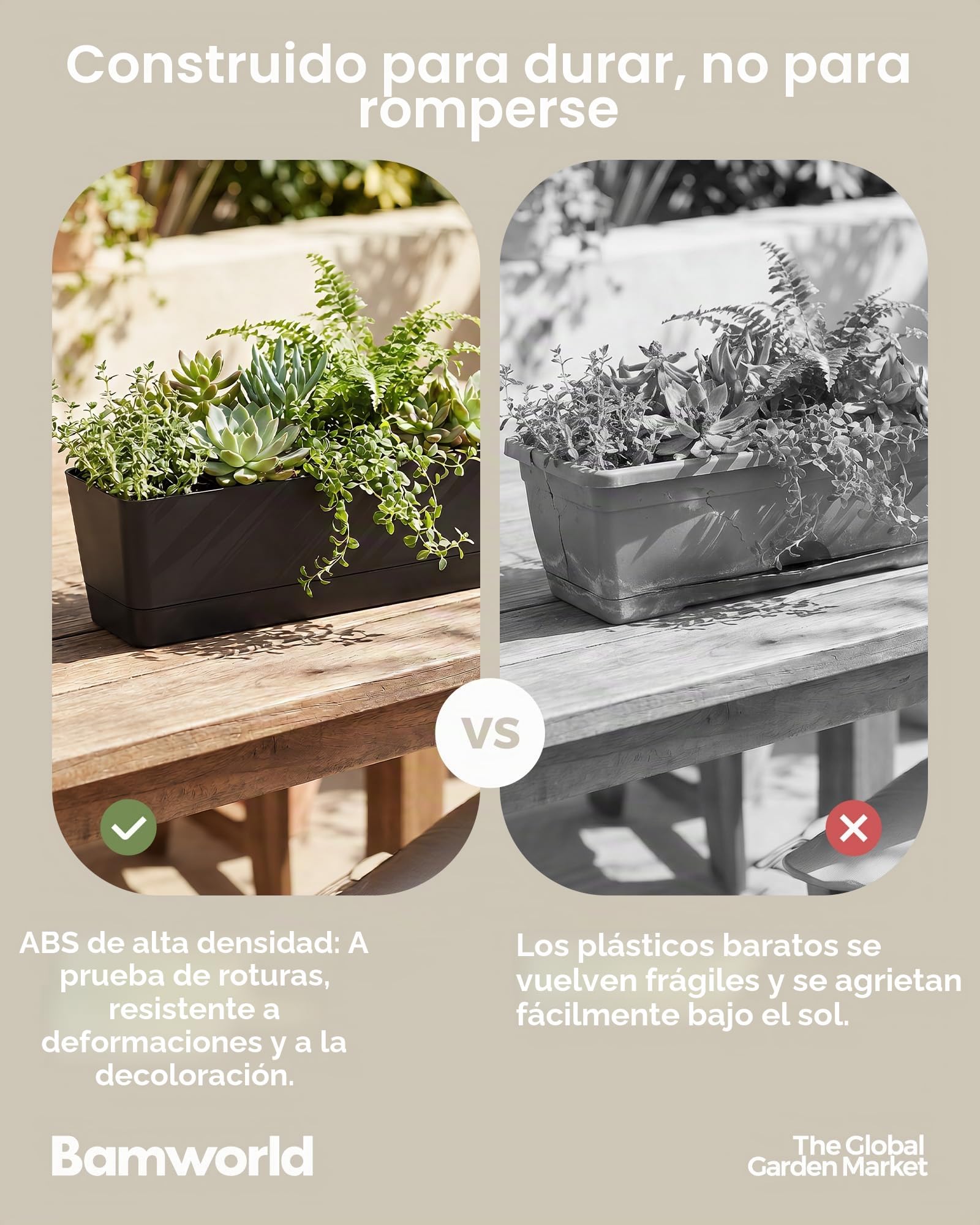Bamworld Macetas y Maceteros de Plástico Juego de 3 Jardineras para Ventana 40x10 cm con Bandeja para Hierbas en Balcón Oficina de Interior y Exterior