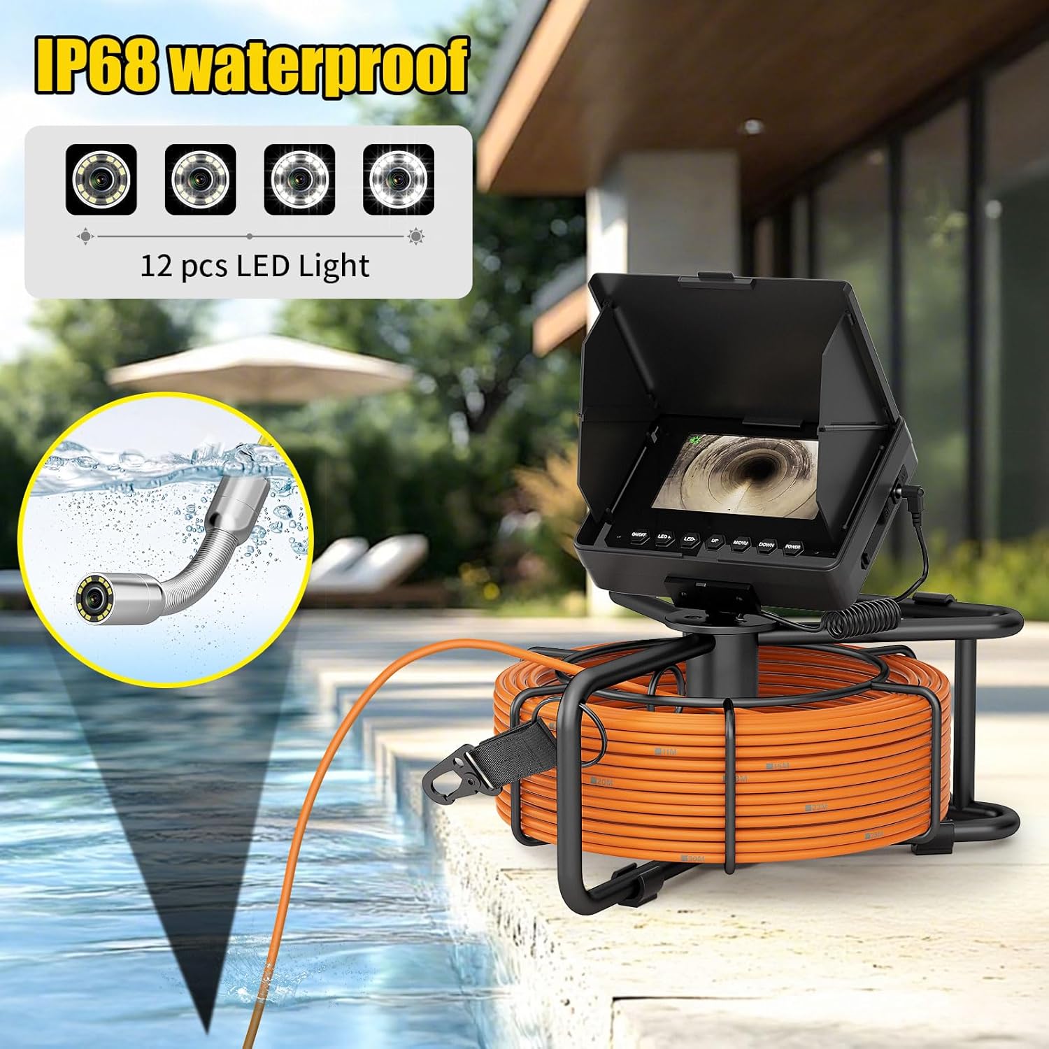 Sewer Camera 100FT/30M Borescopes Plumbing Snake Pipe Inspection Camera DVR & Audio Recorder 17/22mm with 5600Mah Battery 4.3" IPS Screen 12 LEDs HD 1000TVL 32GB (22MM NO DVR)