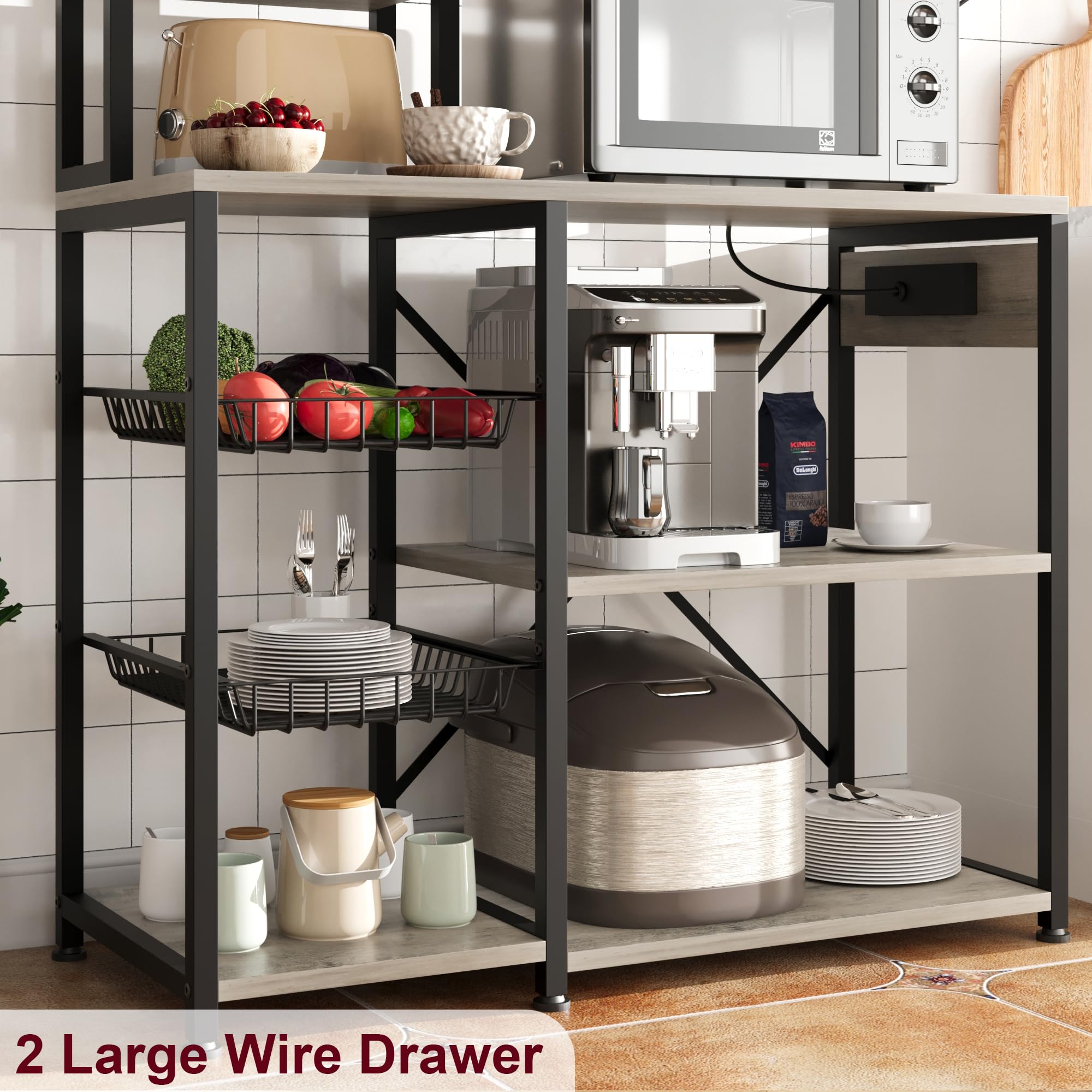 Zstar Estante De Almacenamiento De Cocina De Estilo Industrial con Enchufes y Ganchos, Múltiples Estantes, Amplio Espacio De Almacenamiento, Barra De Café, Gabinete para Microondas