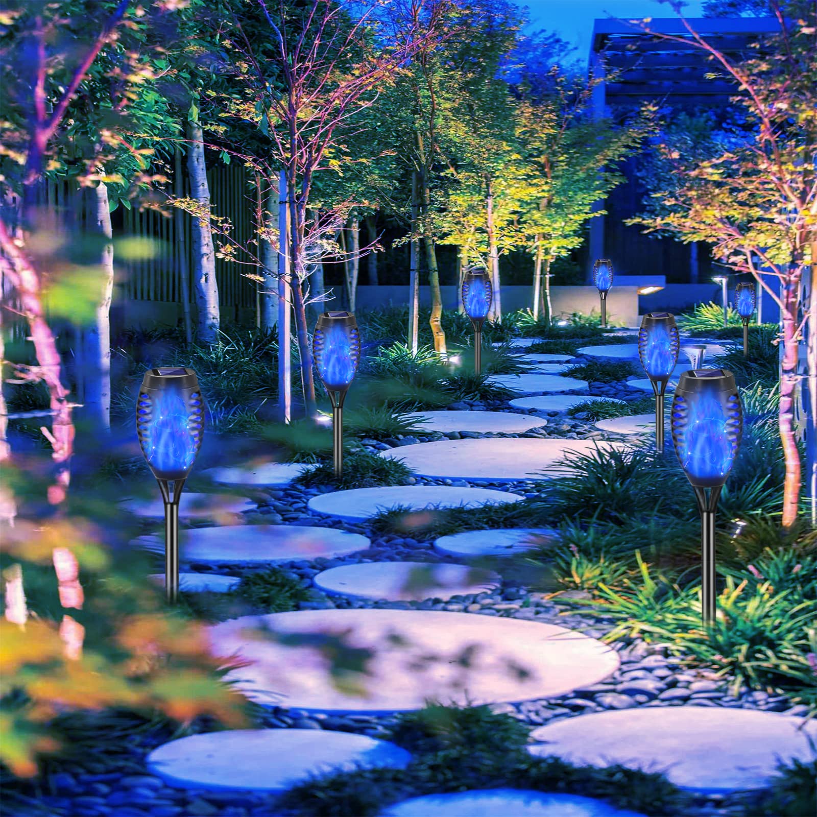 Lot de 8 lampes solaires d'extérieur bleues avec flamme vacillante, 12 mini torches Tiki à DEL, décorations de paysage étanches pour jardin, allée, du crépuscule à l'aube, marche/arrêt