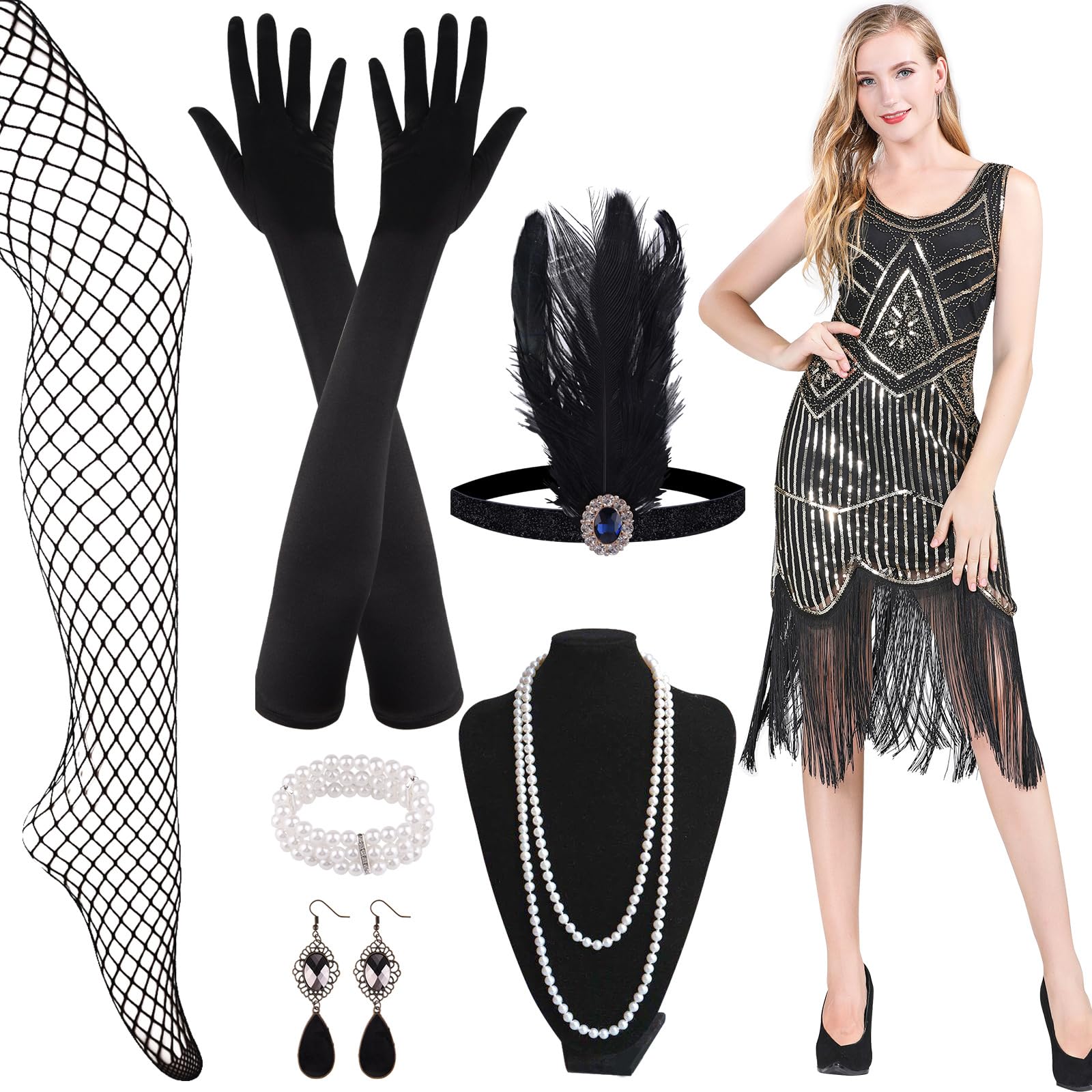 FEPITO 1920s V Neck Sequin Beaded Fringed Dress with 20s Accessories Set(Style 6