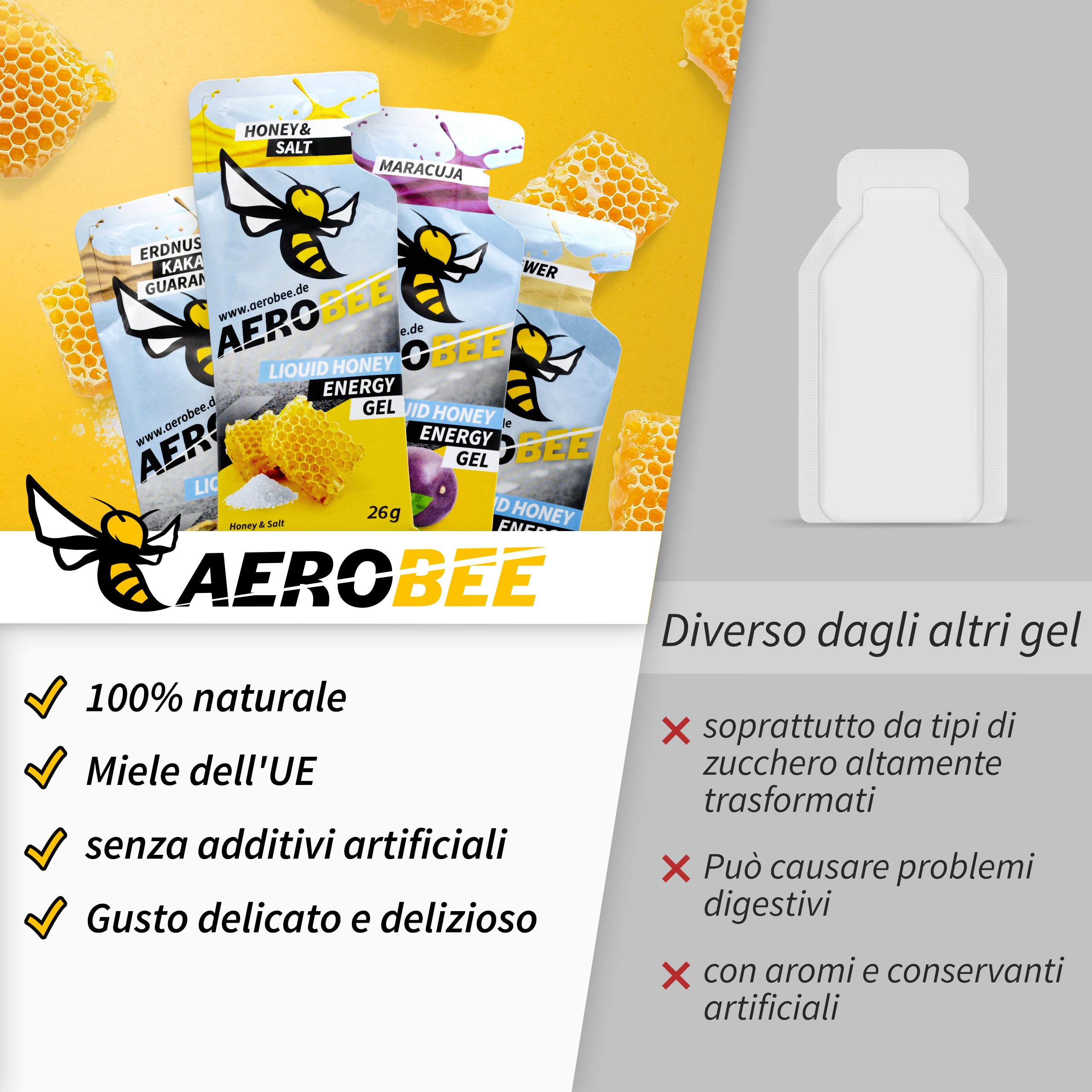 AEROBEE Gel energetico liquido - Miele & Sale 10x26g [100% energetico naturale al miele] delizioso gel sportivo adatto per sport di resistenza e corsa, con carboidrati