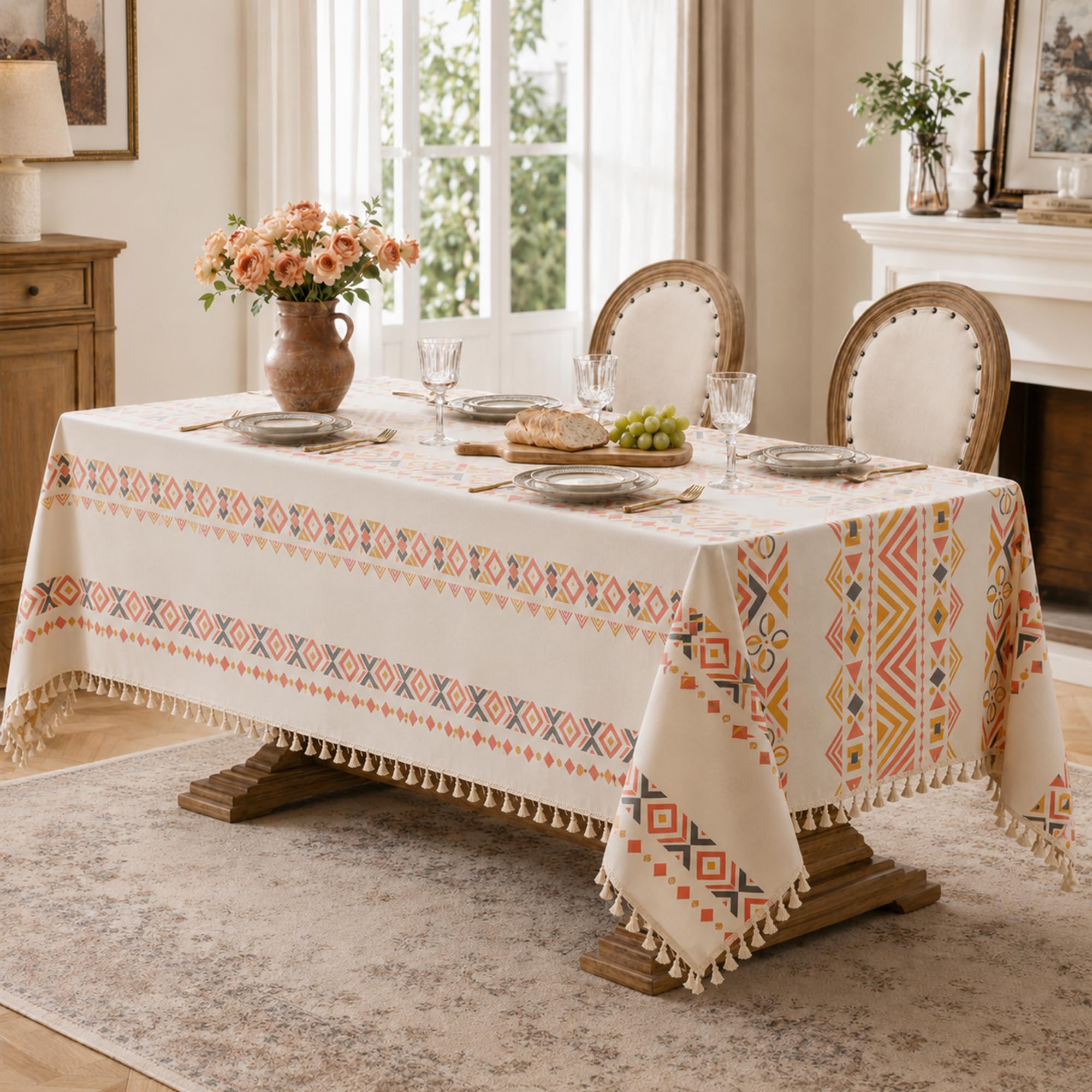 Mantel De Mesa Boho Rectangular con Diseño Geométrico Y Flecos