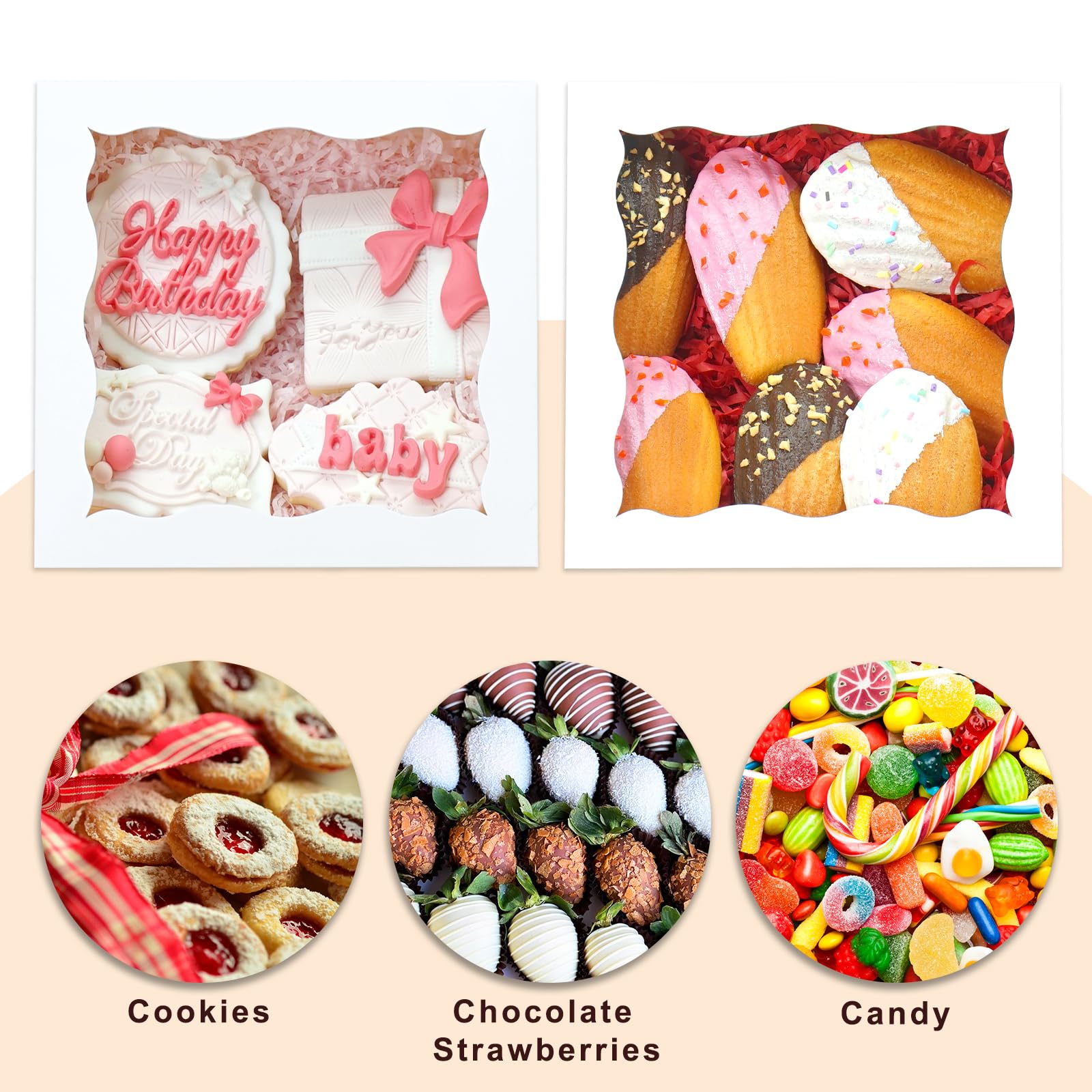 XIINHPKGG 50 cajas de galletas de 6 x 6 x 3 pulgadas: cajas de panadería con ventana, cajas de golosinas, cajas de fresas, mini cajas de pastel para cupcakes, dulces, chocolates, fresas, postres,