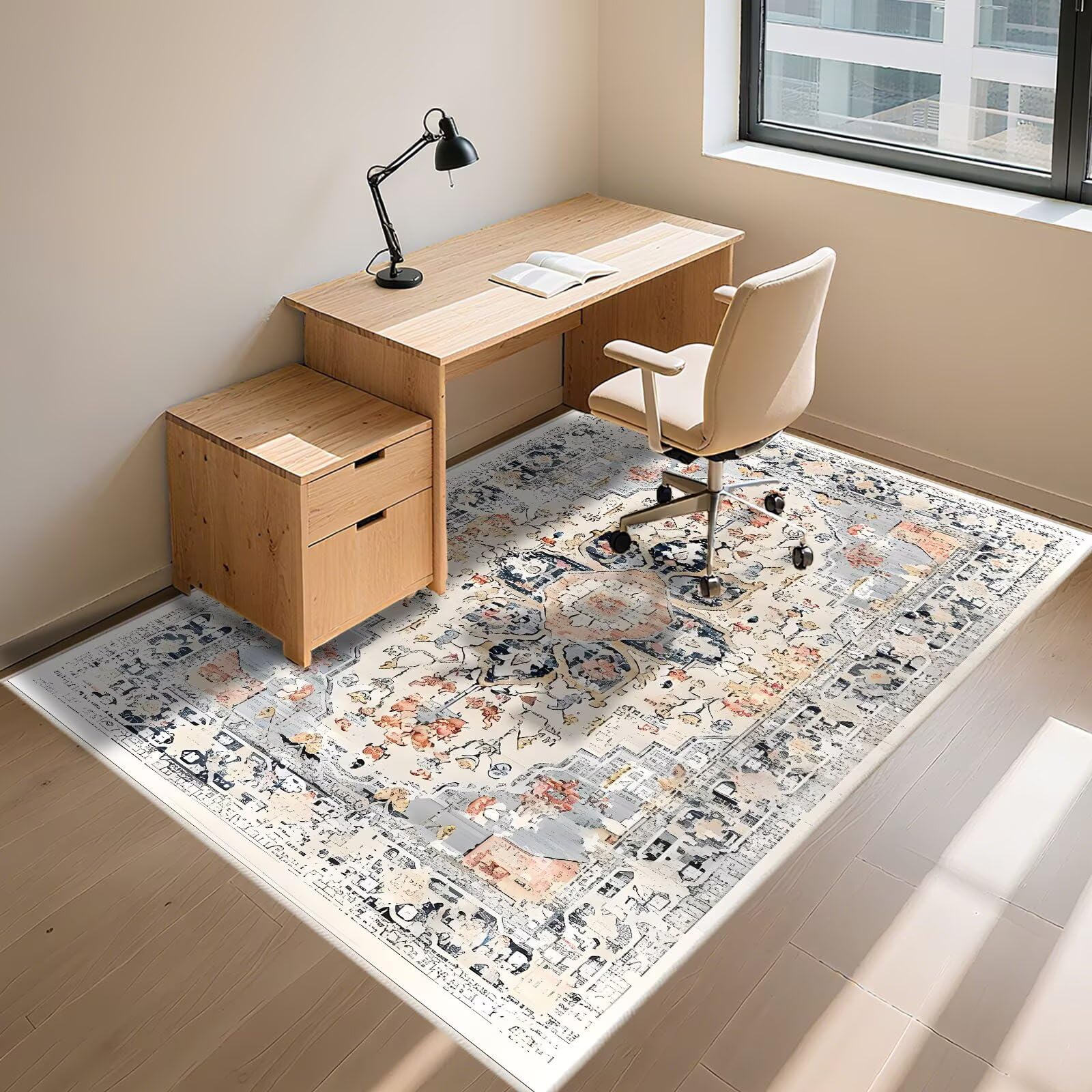 Teppana Waschbar Bettvorleger Schlafzimmer Teppich Blau 100x180cm, Weich Vintage Blumenmuster für das Wohnzimmer neben dem