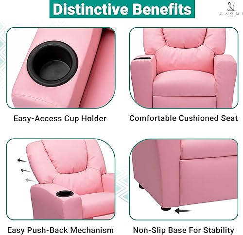 Miniatura 7 de Naomi Home Suri - Silla reclinable para niños con reposapiés y portavasos, sillón reclinable para niños con soporte para tazas, reclinables de PVC