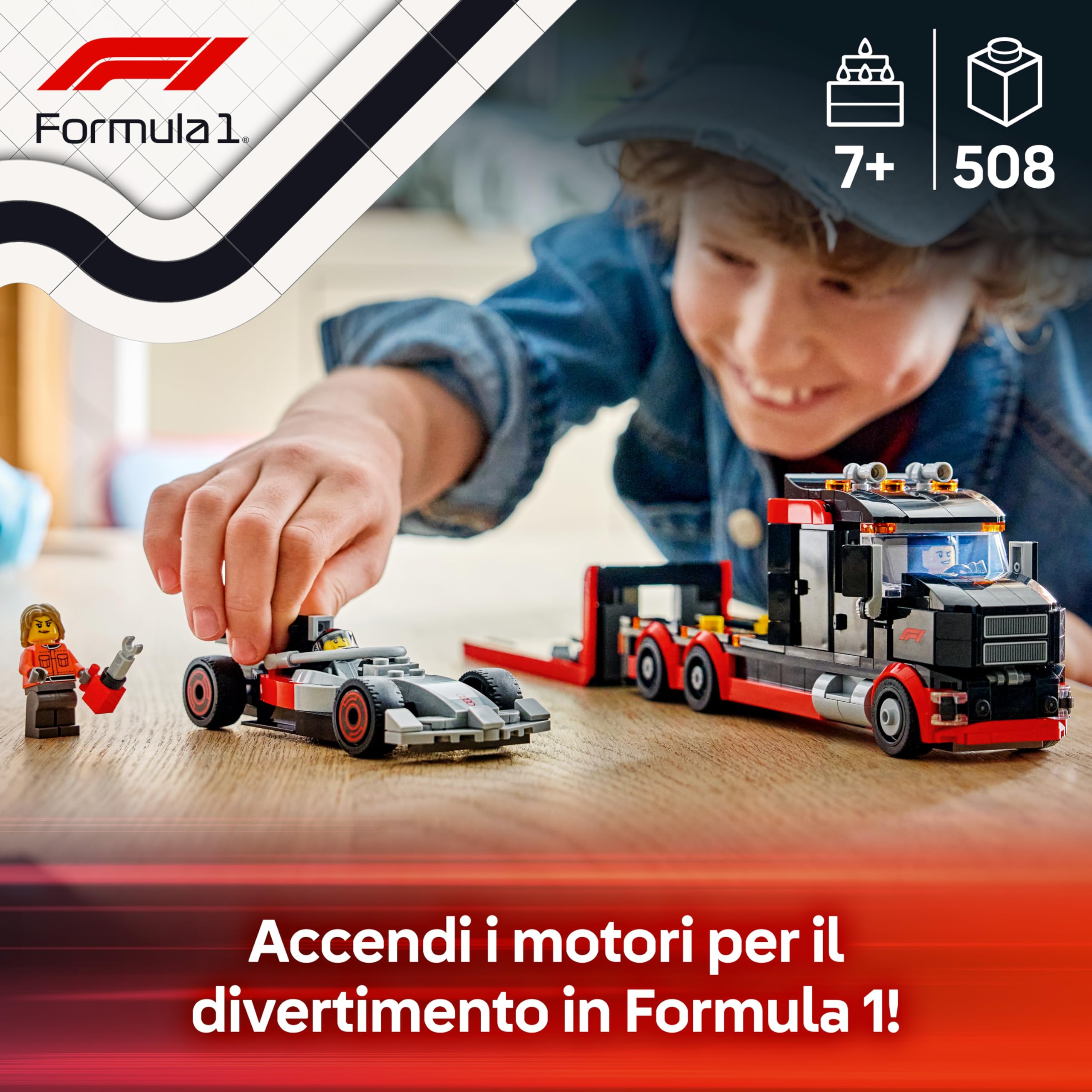 LEGO City Display Truck F1 con Auto da Corsa Audi F1 Giocattolo - Kit con 3 Minifigure e Funzione di Sollevamento Veicoli - Idea Regalo per Bambini da 7 Anni in su Fan degli Sport Motoristici - 60493