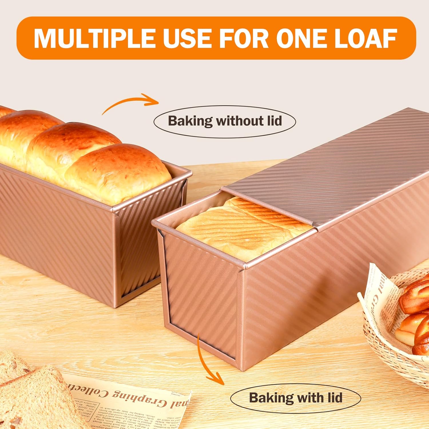 Pullman Loaf Pan with Lid, 13x4 inch, Premium 2.2LB Nonstick Sandwich Bread Loaf Pan for Homemade Sourdough Bread, Heavy Duty Carbon Steel Corrugated Toast Box with Cover for Baking, Bakeware - Image 5