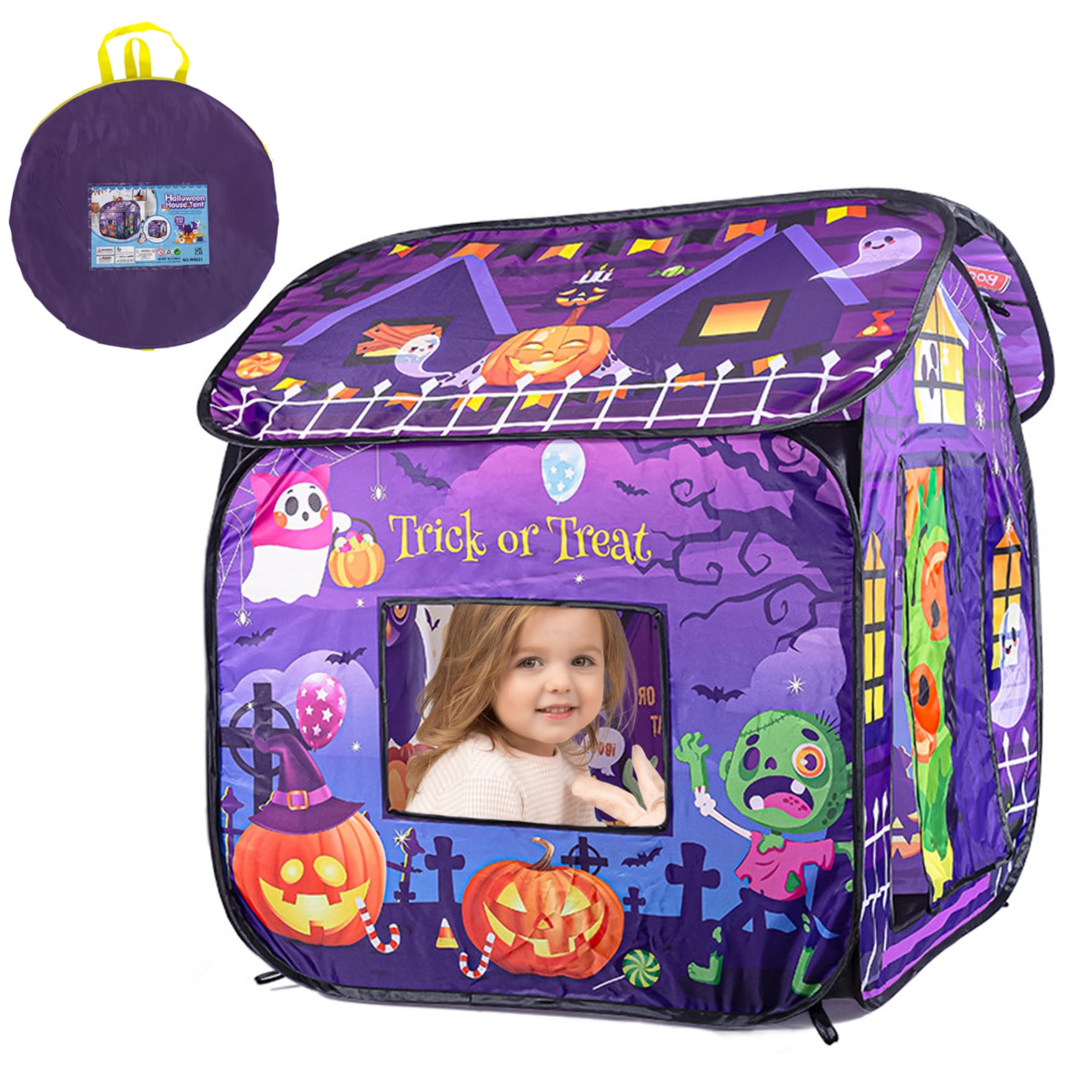 Tenda da gioco per bambini, casetta da gioco pop-up pieghevole ventilante per Halloween con porta ribaltabile e apertura superiore, tenda per bambini dolcetto o scherzetto, non restringibile, re