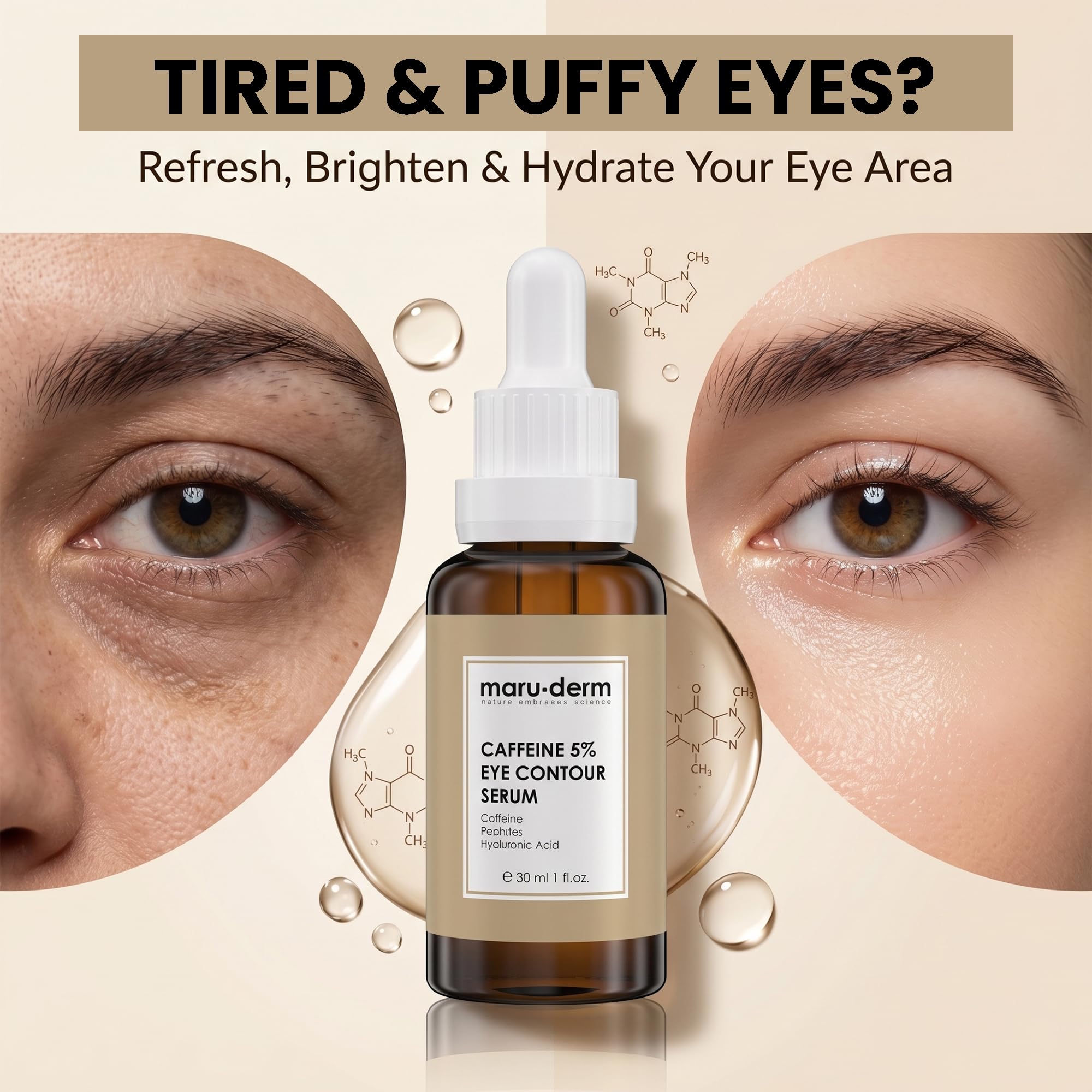 Siero Contorno Occhi alla Caffeina 5% e Peptidi | Aiuta a Ridurre Occhiaie e Borse | Offre un'Idratazione Duratura | Delicato sulla Pelle Delicata del Contorno Occhi, 30 ML