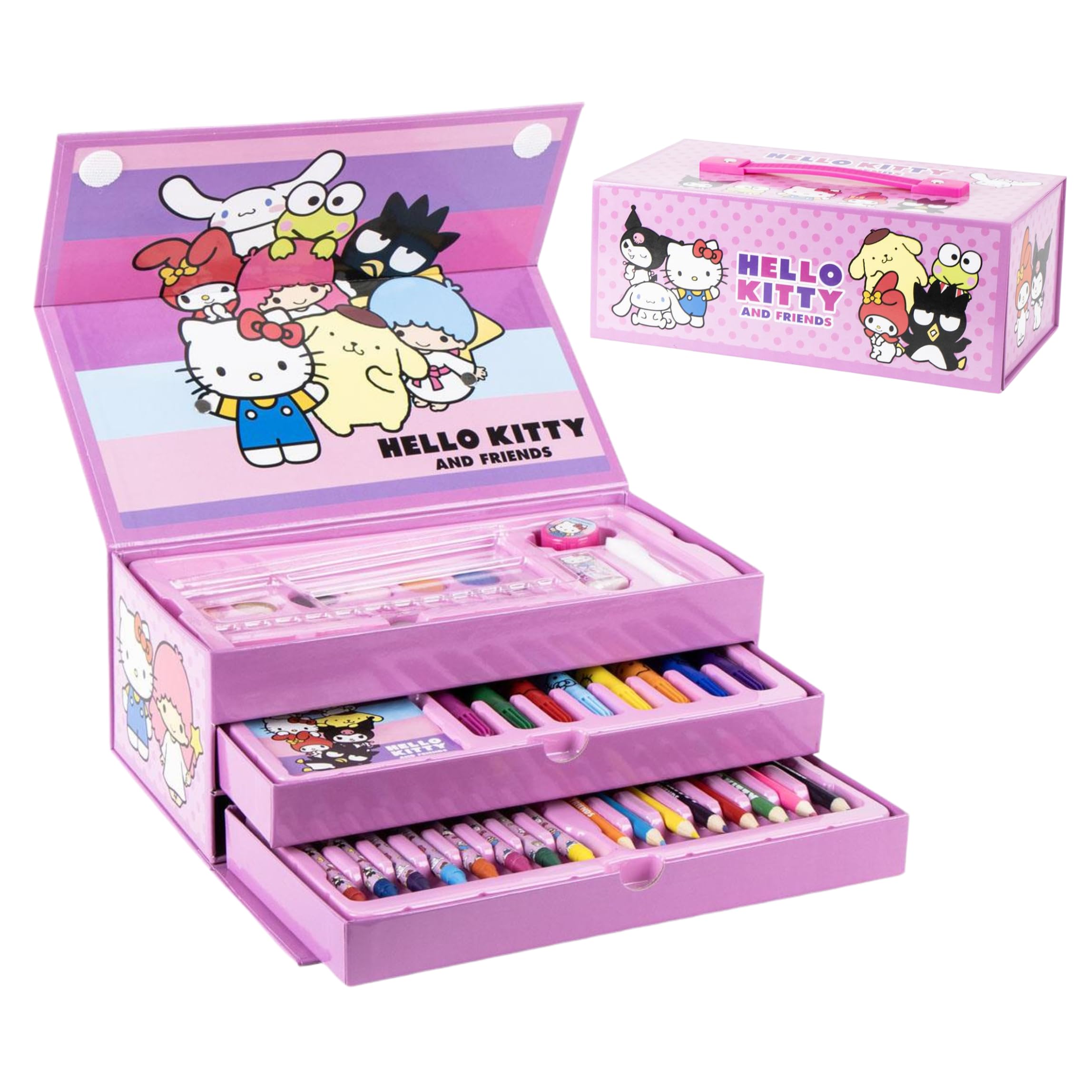 Hello Kitty & Friends Juego de Papelería, Incluye Lápices de Color, Rotuladores, Acuarelas, Pincel, Esponja, Lapiz, Sacapuntas, Borrador, Ceras de Color, Cuaderno, Estuche Maletin, Set Escolar Niñas