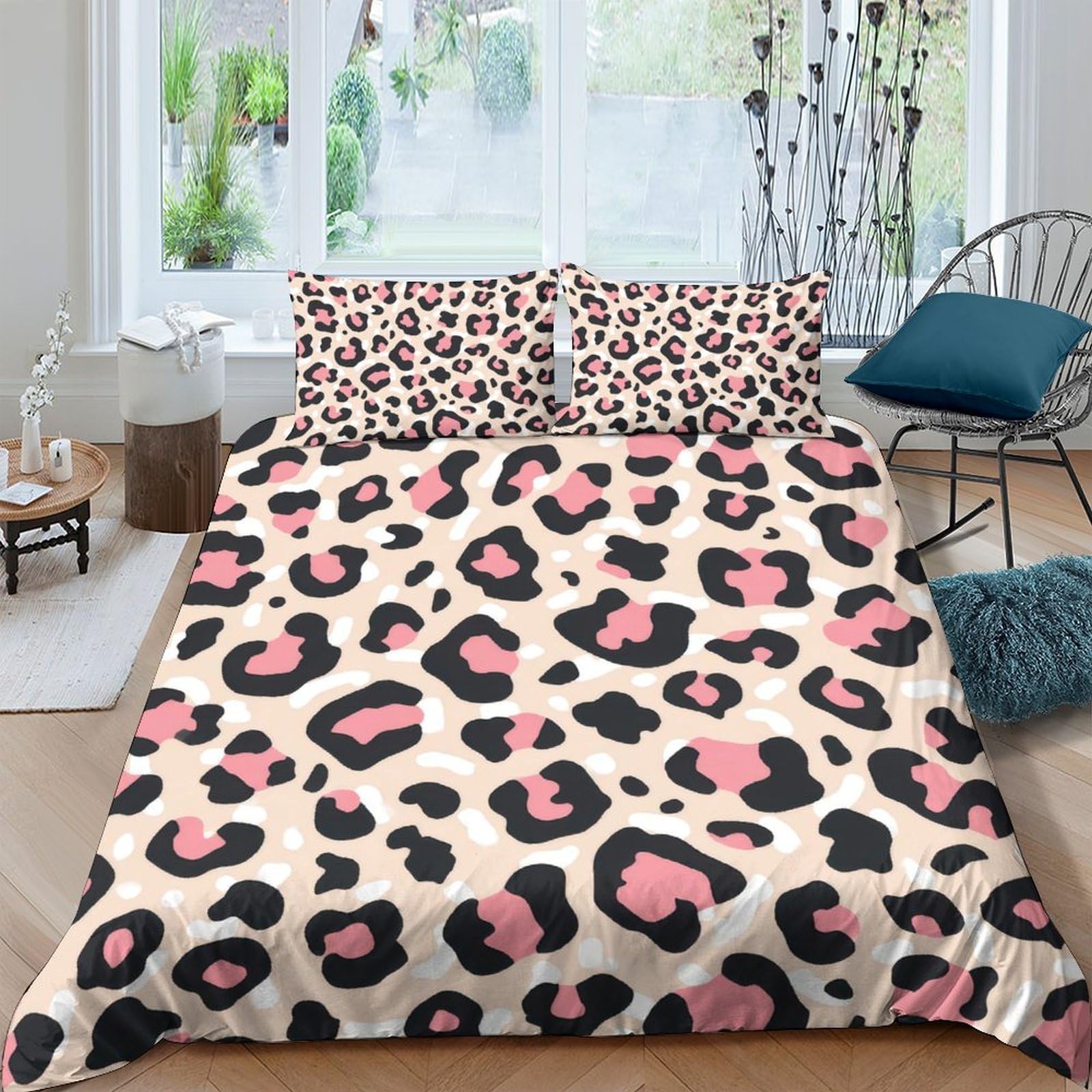 Housse de Couette Léopard 260x220 cm en Microfibre avec Parure de Lit 3D Super King