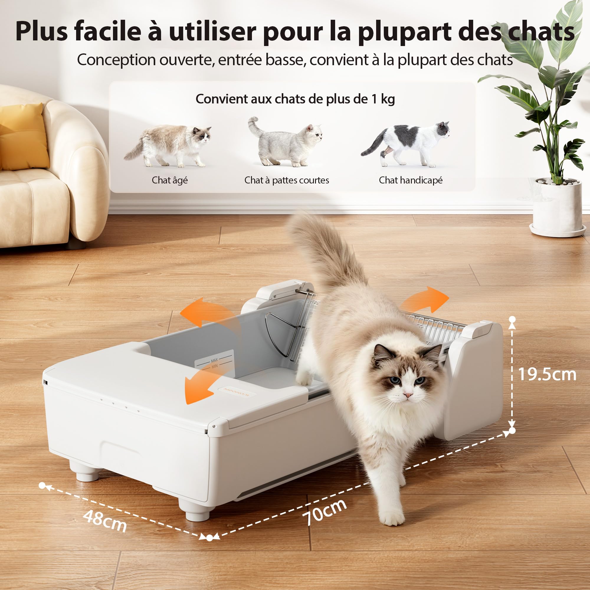 MeoWant Litiere Chat Autonettoyante, Litiere Automatique Espace Ouvert, Double Râteau/Système à Trois Moteurs Coordonnés/Anti-pincement/Ultra Sûr/Contrôlé par APP/Désodorisant