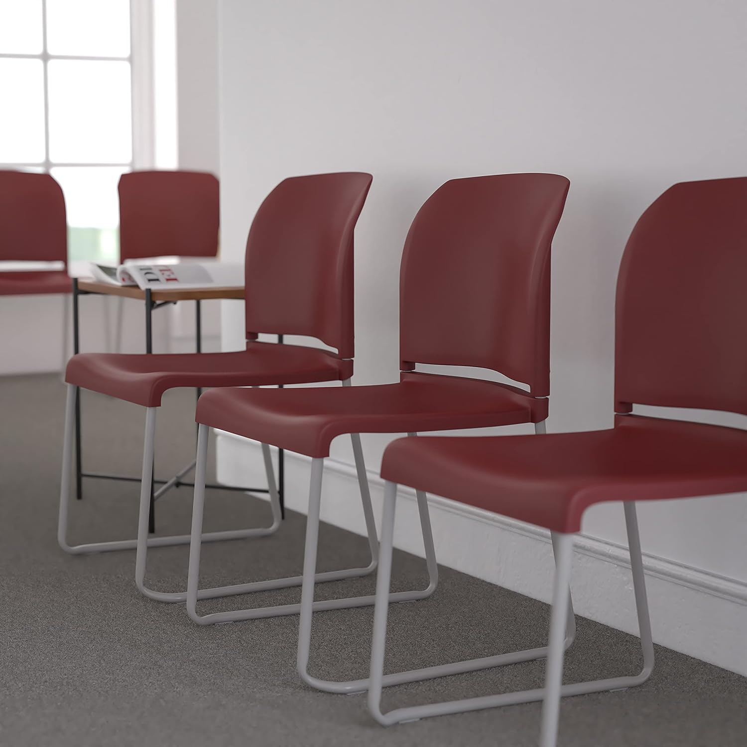 EMMA + OLIVER Home and Office Guest Chair Burgundy Full Back Contoured Sled Base Stack Chair