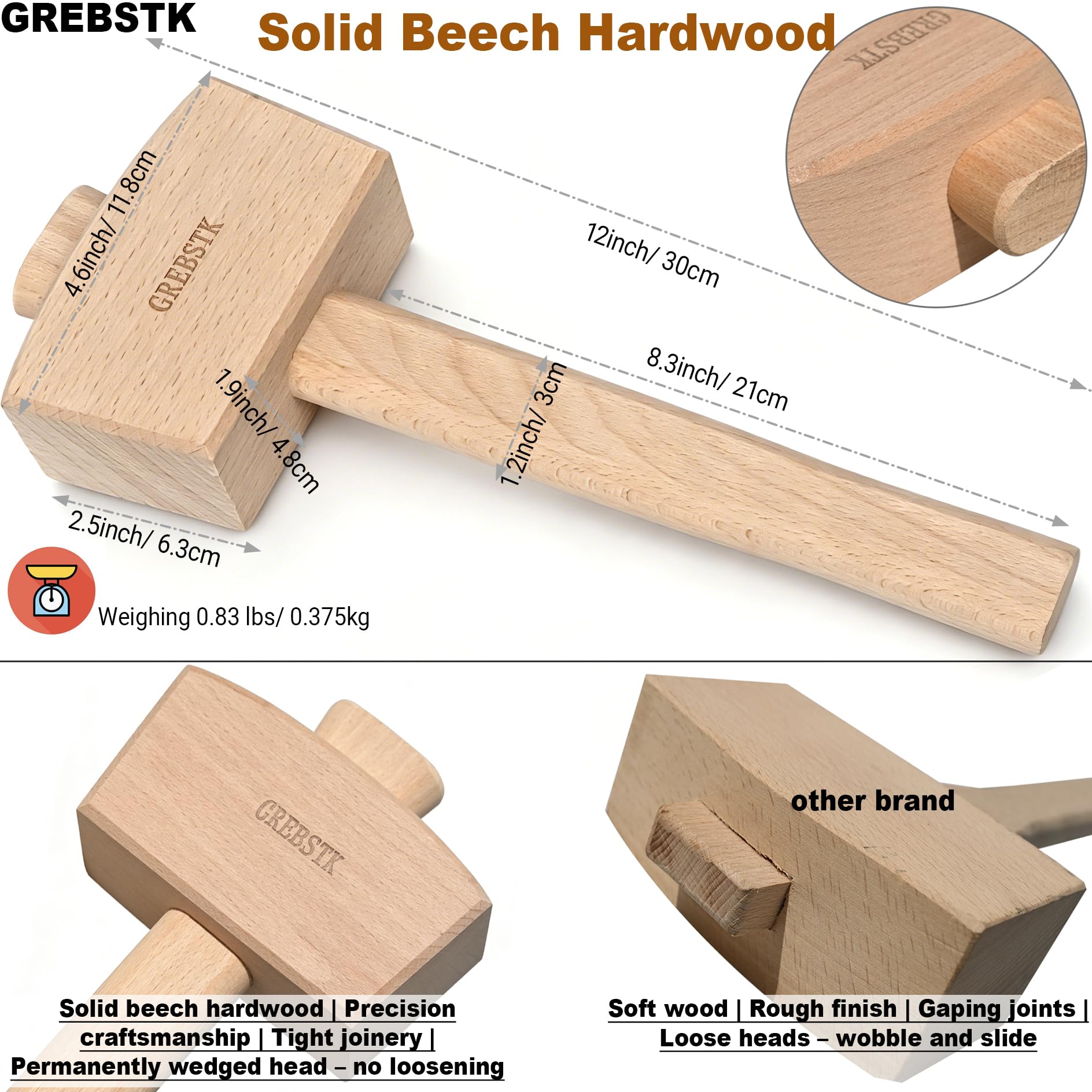 GREBSTK Maillet en bois de hêtre massif 30,5 cm