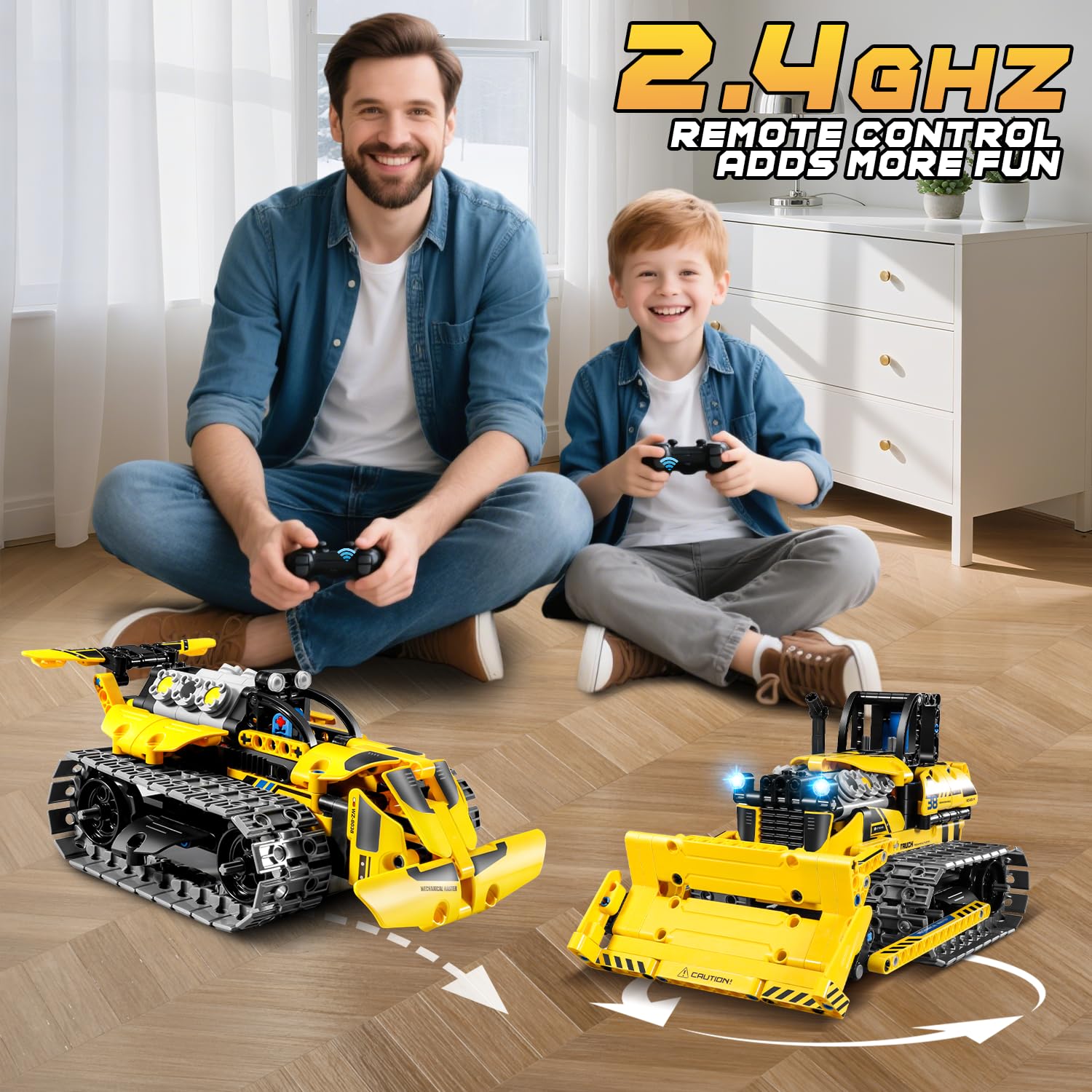 PLAXSOON Technik Ferngesteuertes Baufahrzeug Bauspielzeug für Jungen ab 8+ | 3-in-1 RC STEM Bulldozer Kipplaster Klemmbausteine mit Wiederaufladbare Akku, Weihnachten Geschenk für Kinder(452 Stück)