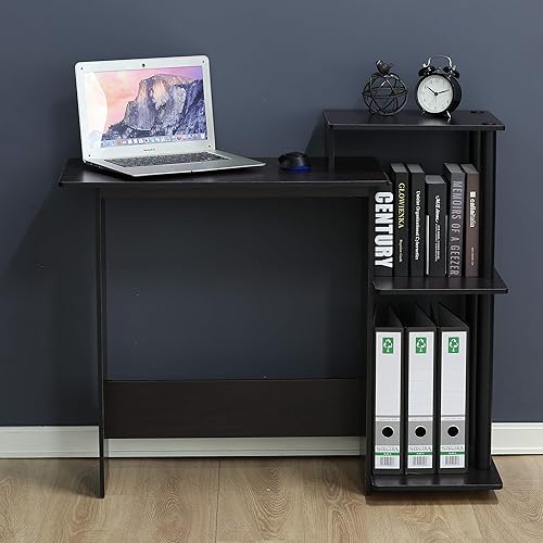 Miniatura 122 de Furinno - Escritorio compacto para computadora con estantes, Tablero de partículas, Roble francés gris/negro. Roble