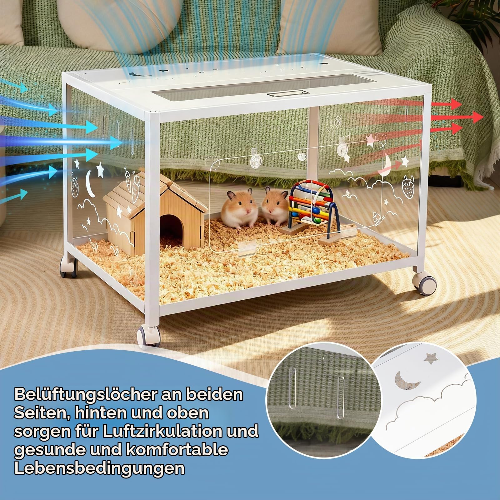 Hamsterkäfig mit Rädern, Groß Nagerkafig Rattenkäfig Kleintierkäfig, Weiß Hamsterhaus 360° Transparenz Hamster-Auslaufbereich aus Acryl Hamster Cage for Nager Mäuse, Ratten