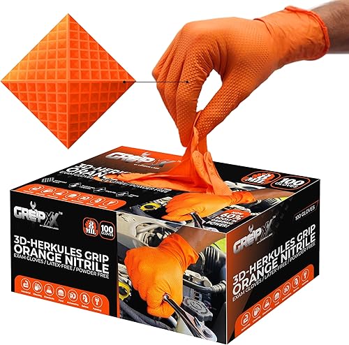 GRIPXX Herkules Grip - Guantes de nitrilo naranja resistentes de 8 mil, textura de diamante elevado 3D, sin látex y polvo, industrial, mecánico