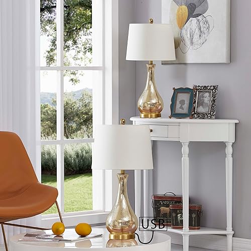 Miniatura 5 de Maxax Juego de 2 lámparas de mesa de cristal para sala de estar, lámparas de noche doradas de 26 pulgadas con puertos USB, lámparas de vidrio