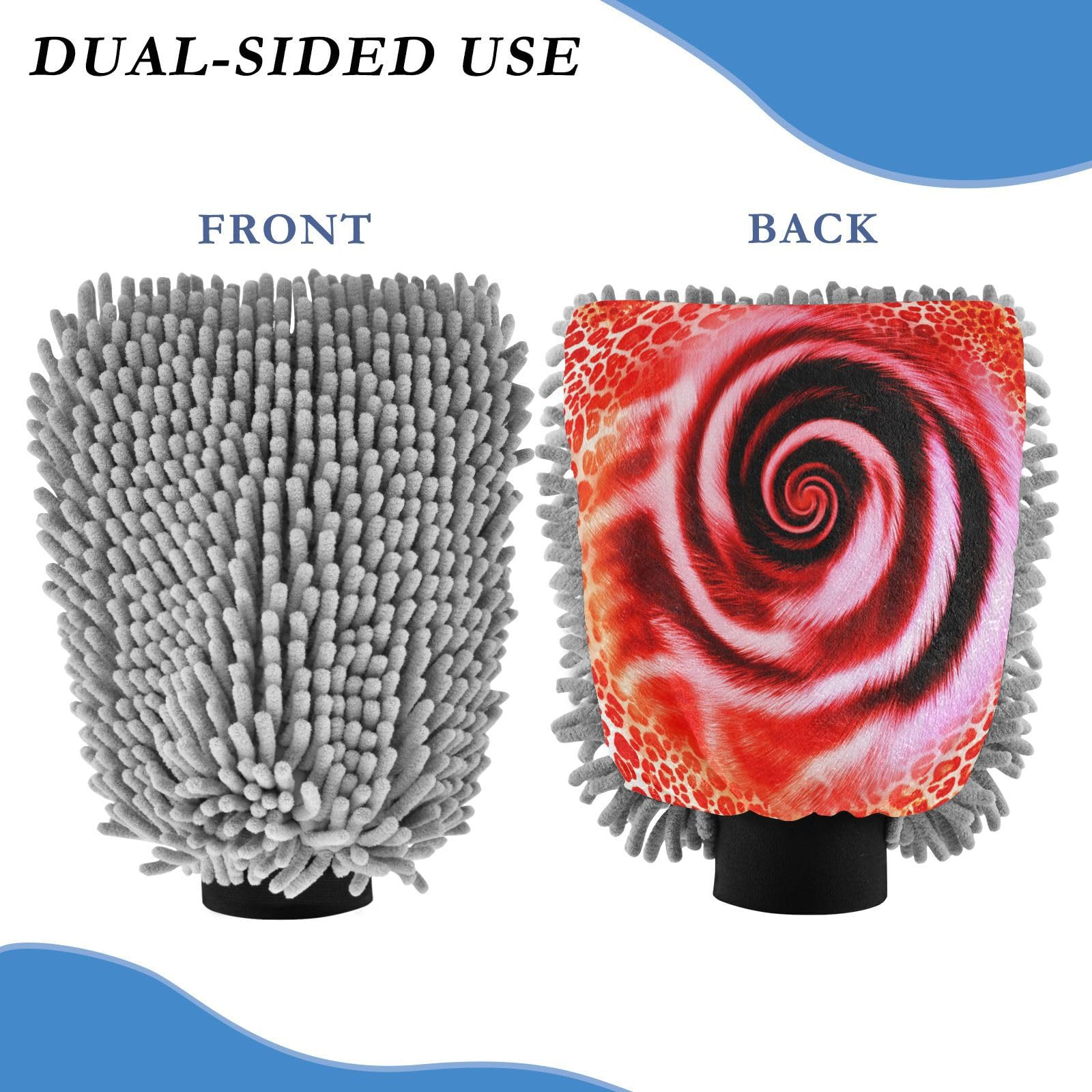 STAYTOP Rose Leopard Print Car Wash Mitt Microfiber, 2Pcs Scratch Free Lint-Free, Premium Chenille Microfiber Mitt Car Wash Brush-L